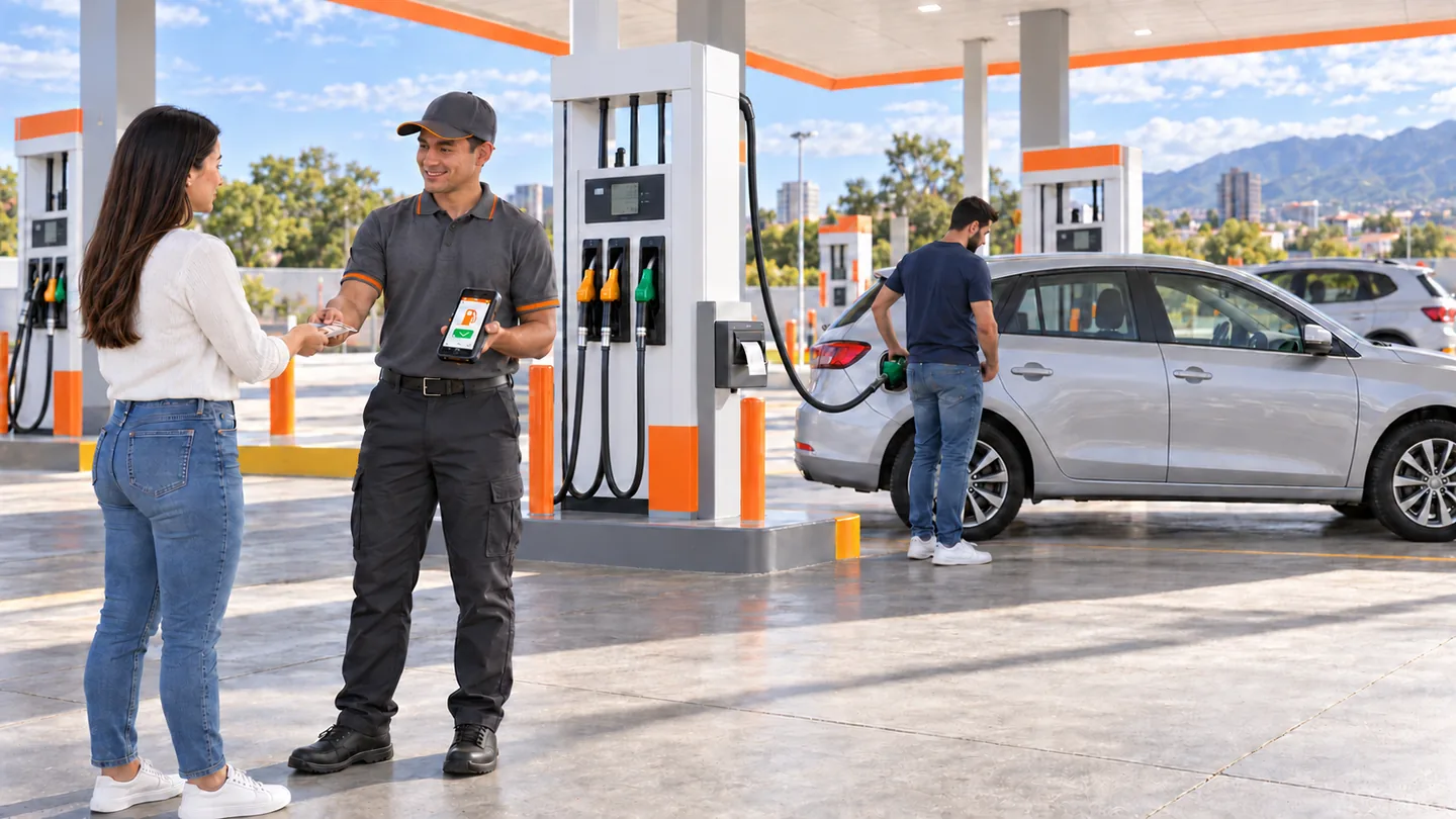 Illustration of service with a handheld terminal while another driver refuels at a dispenser.