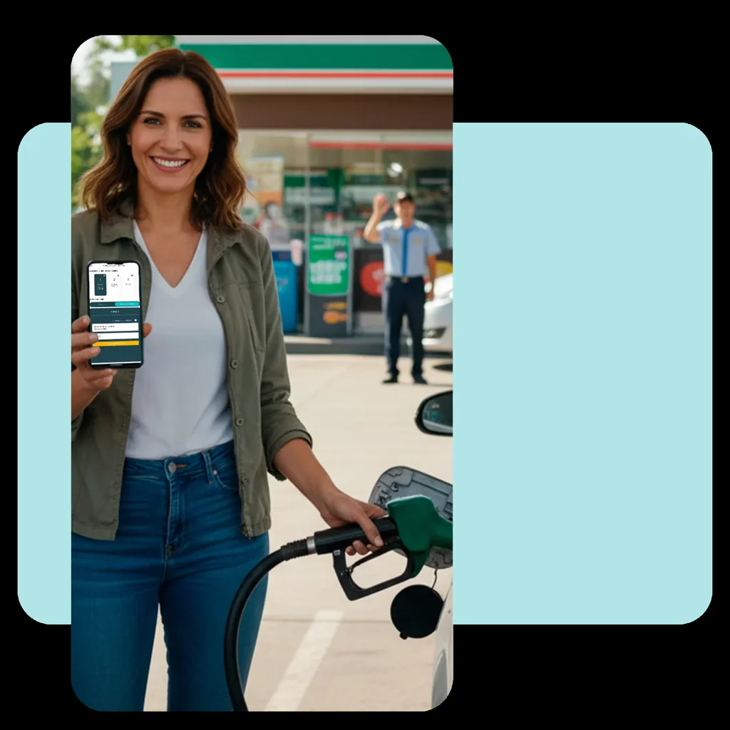 Illustration of a driver with the Zencillo Revolution app and a fuel nozzle.