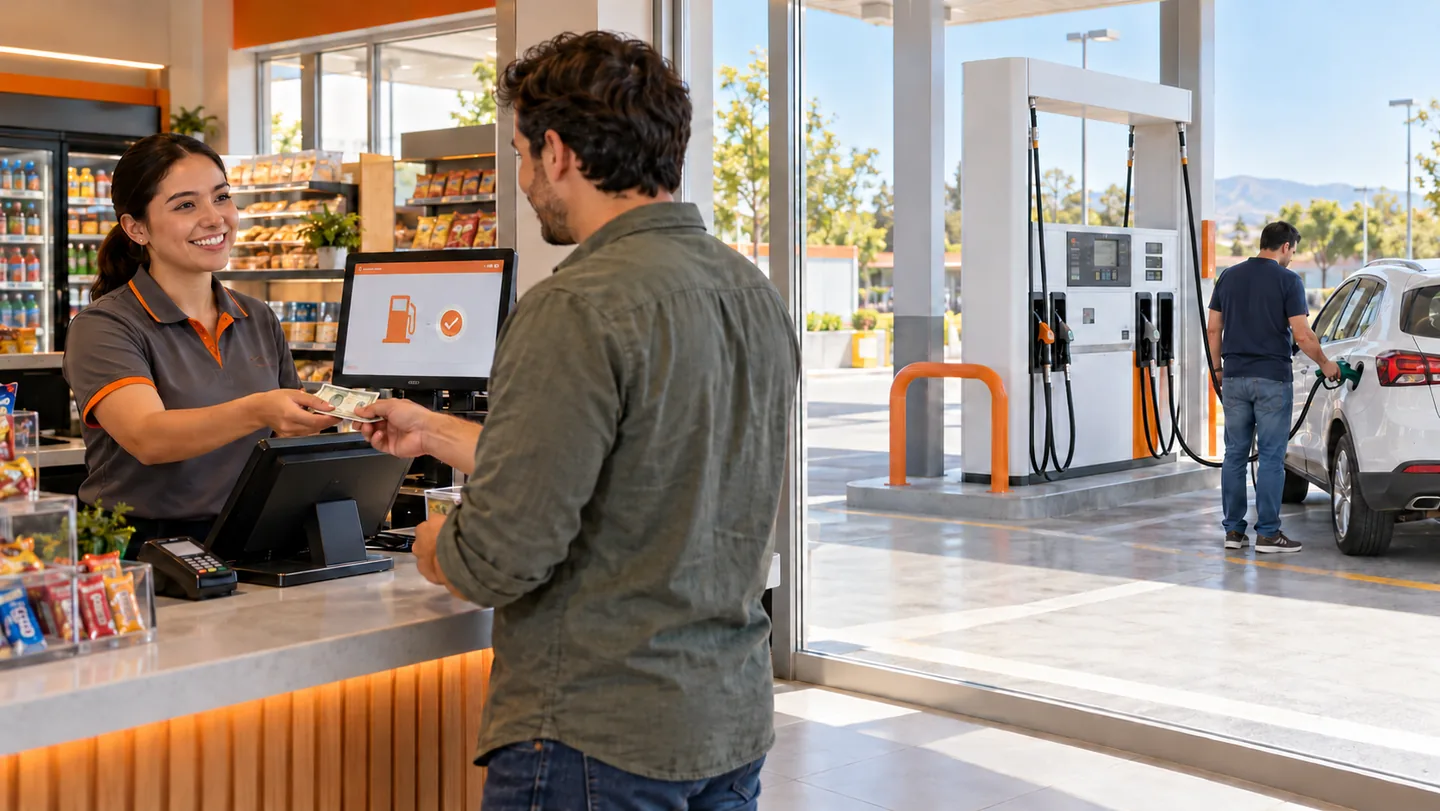 Illustration of payment in the store and customer refueling at the forecourt.
