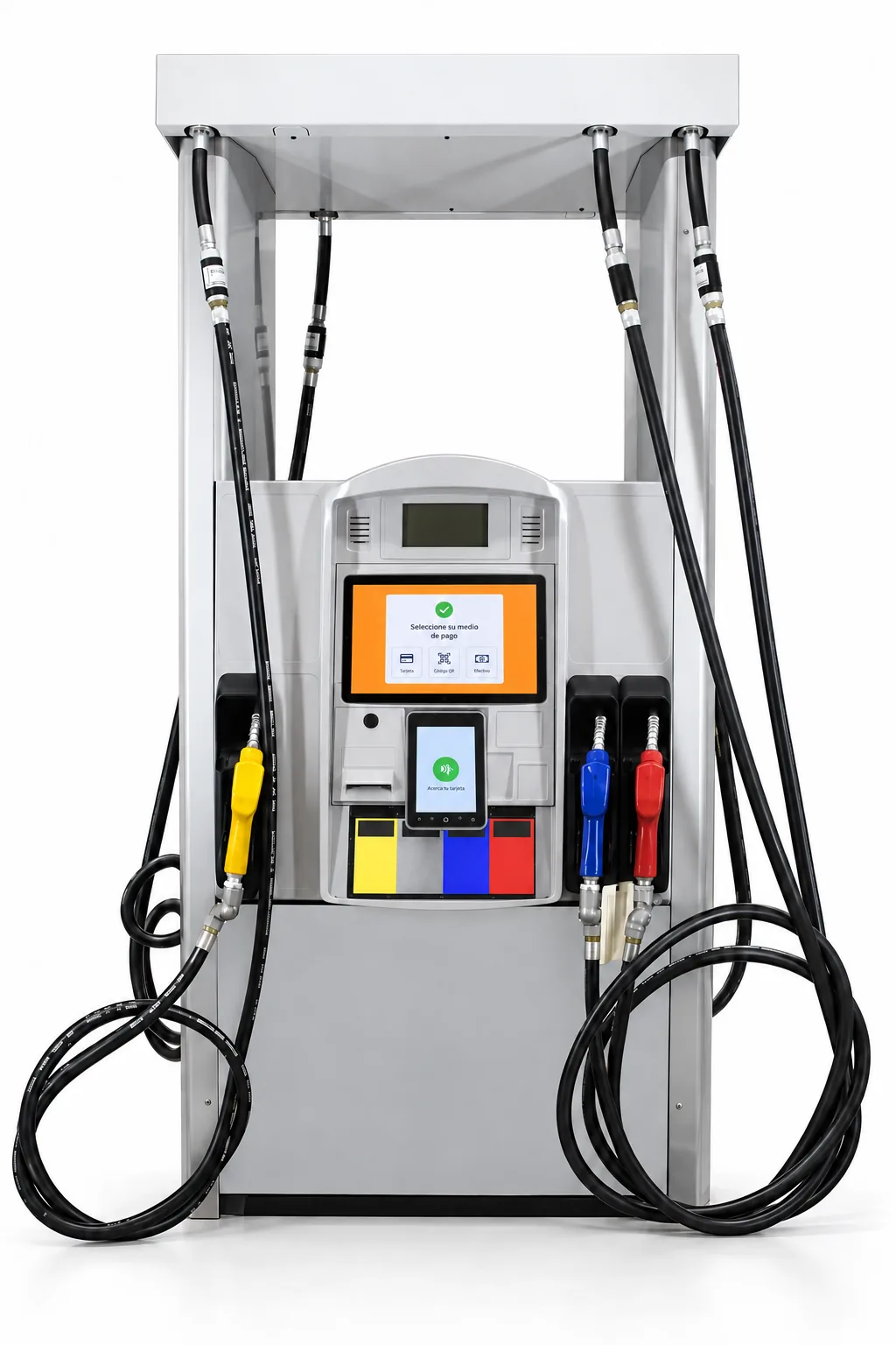 Illustration of a fuel dispenser with a Gas Commander tablet and payment terminal for self-service.