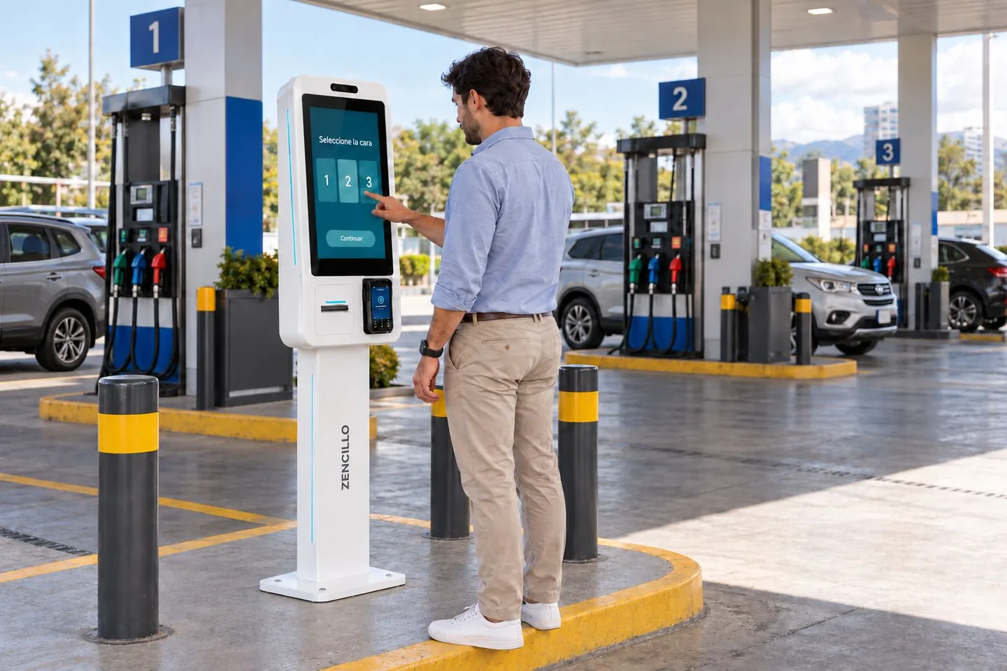 Illustration of a driver selecting a dispenser side at a fuel station self-service kiosk.