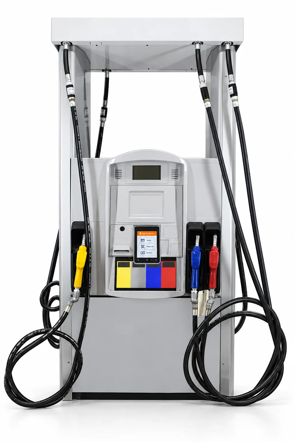 Illustration of a fuel dispenser equipped with a NEXGO UN20 terminal for selection and payment.