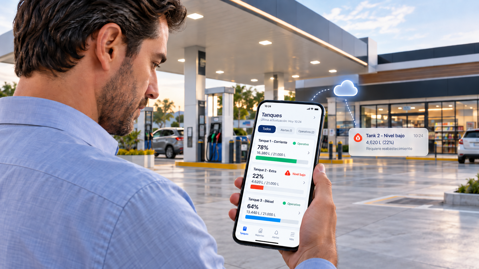 Illustration of an administrator checking a service station’s tank levels and status remotely on a mobile phone