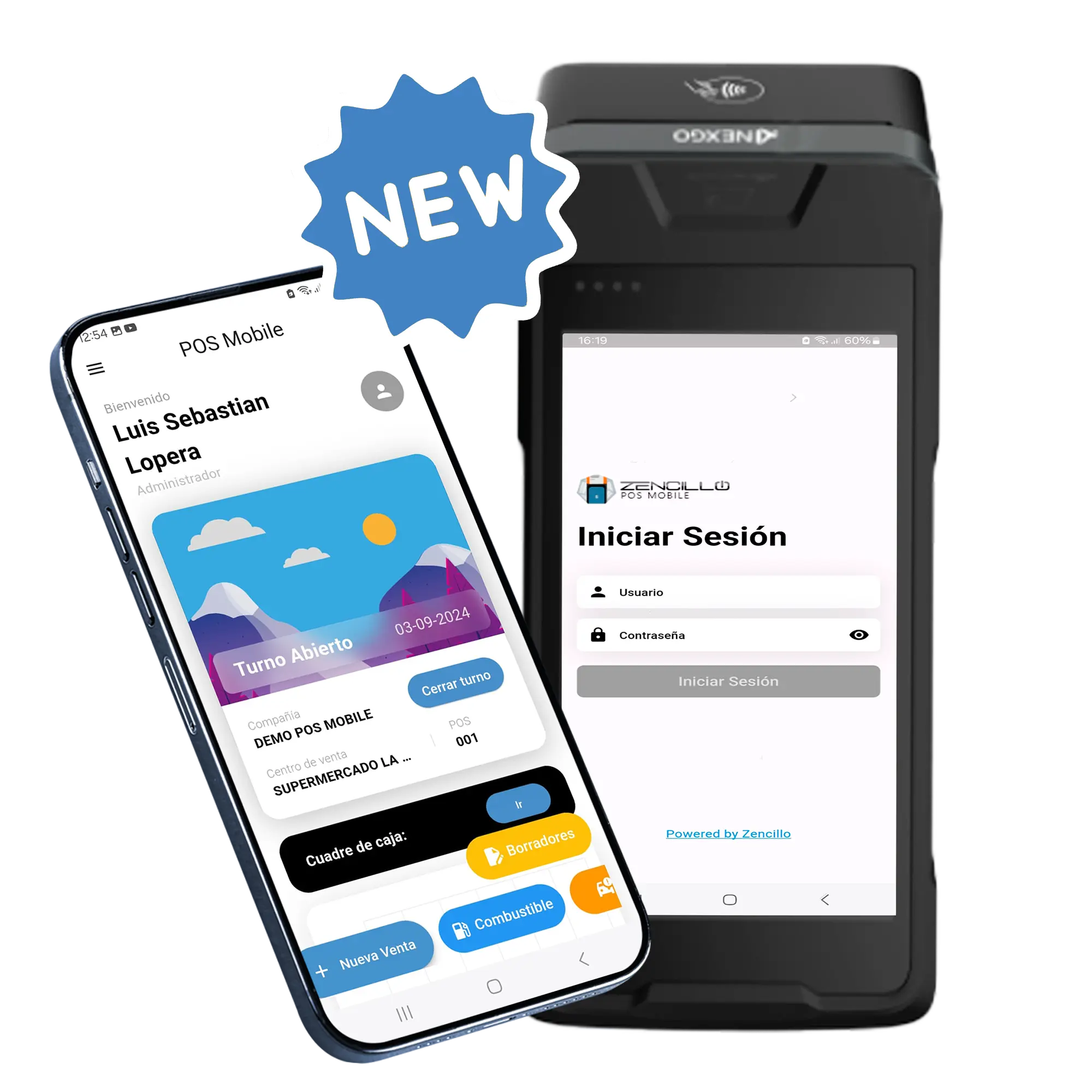 Material oficial de Zencillo POS Mobile con dispositivo Android y acceso a operaciones de combustible