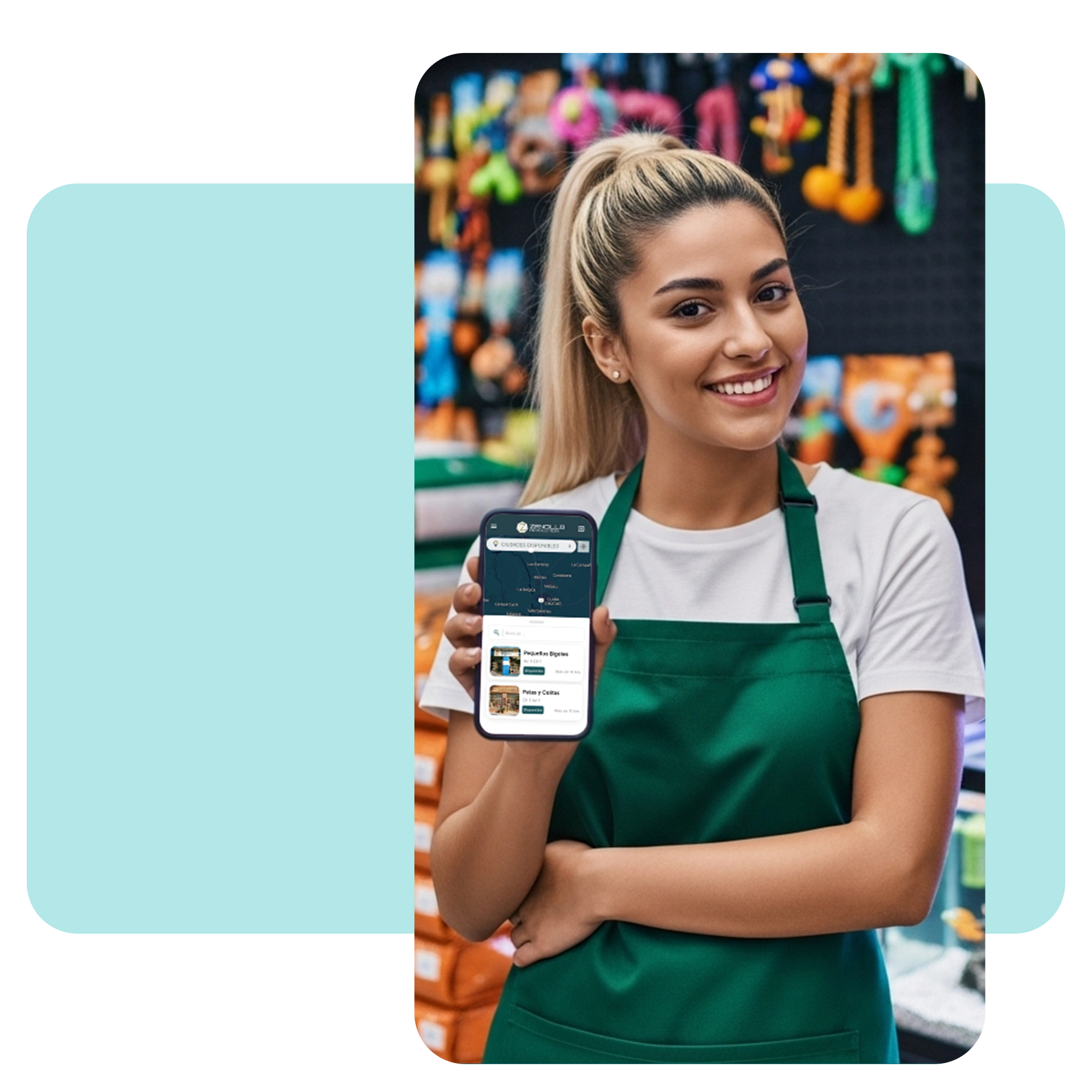 Mujer joven con delantal verde sonriendo mientras muestra en un smartphone la interfaz de la aplicación Zencillo Revolution en un entorno comercial.