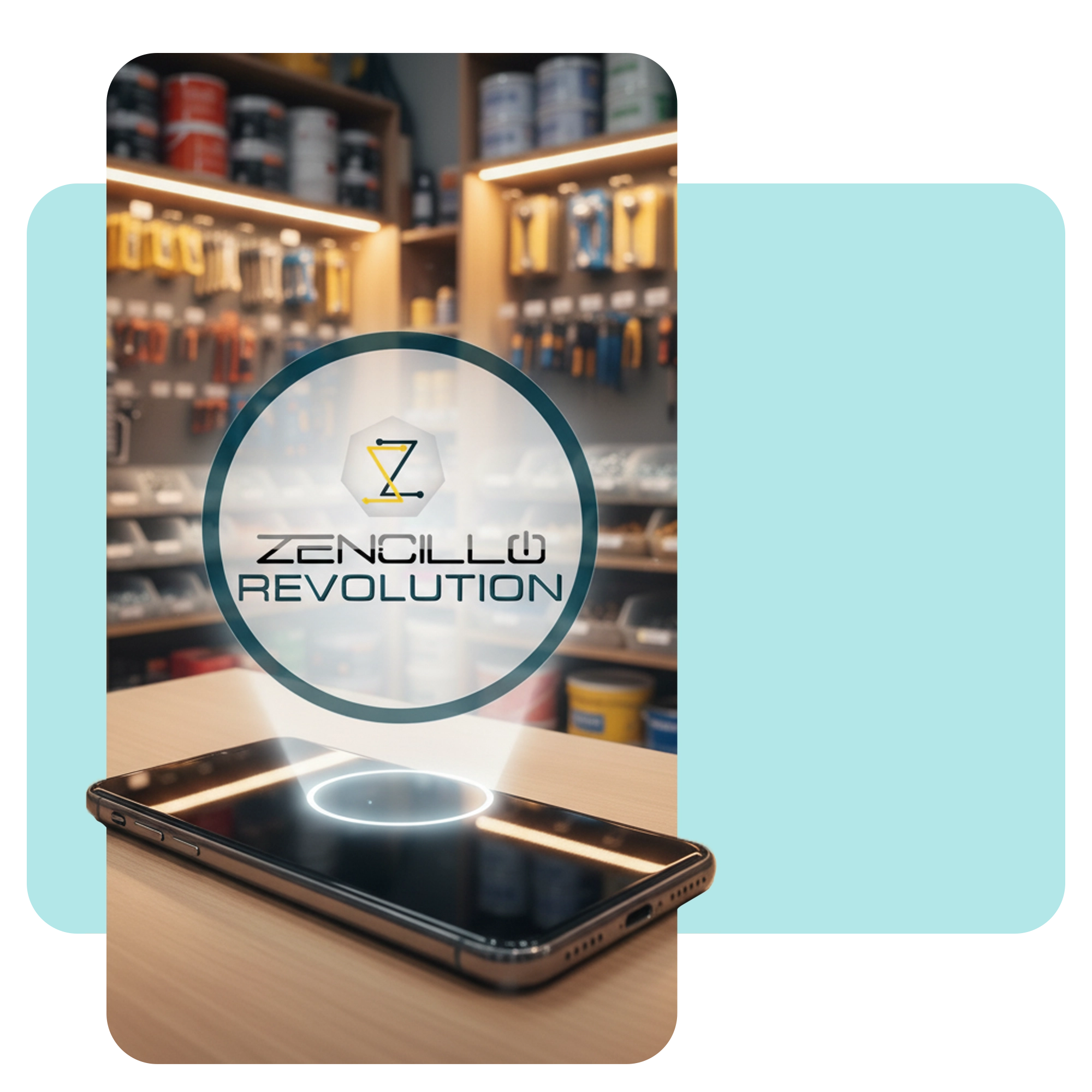 Primer plano de un celular mostrando el logo de Zencillo Revolution dentro de una tienda de herramientas.