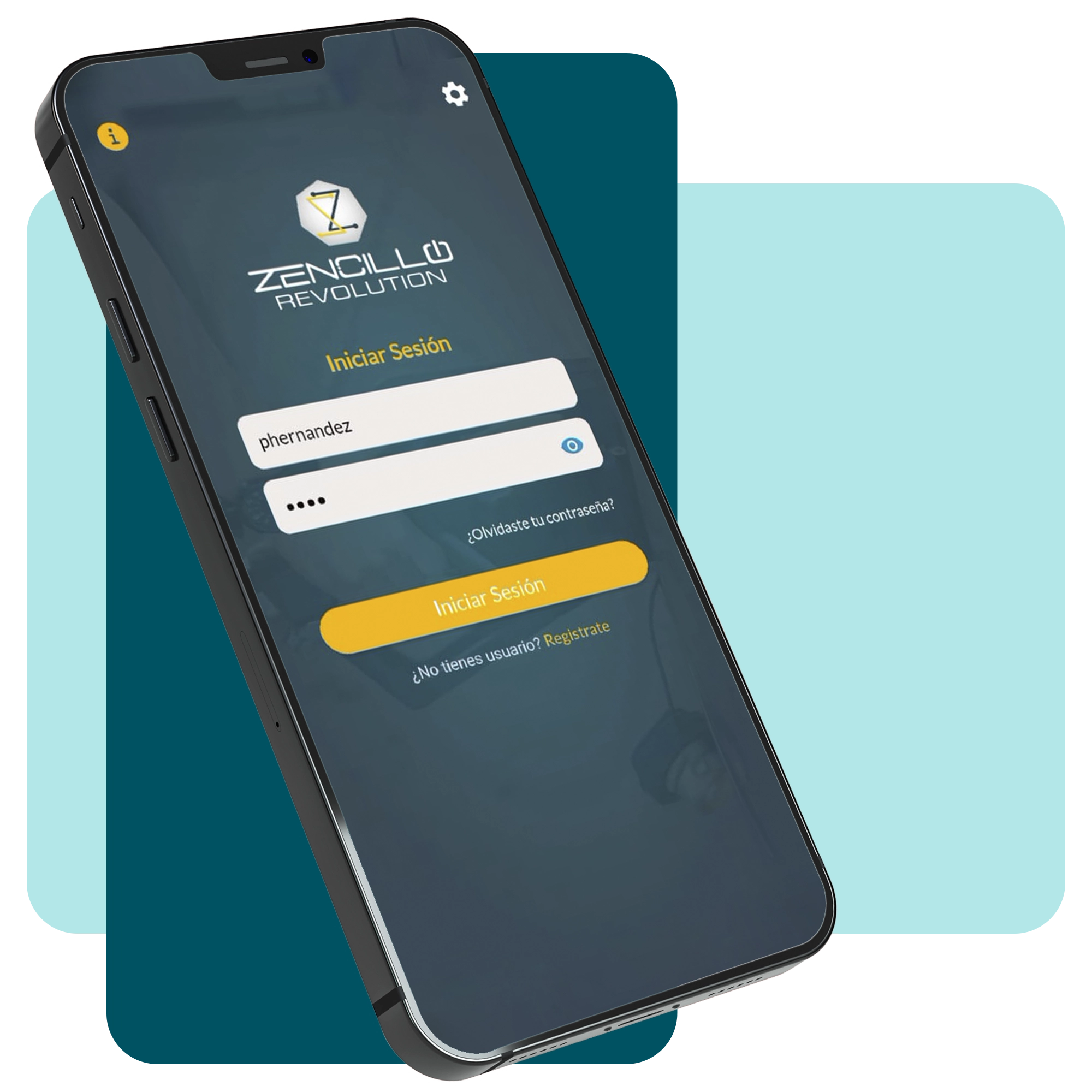 Smartphone mostrando la pantalla de inicio de sesión de la app de Zencillo Revolution, diseñada para ofrecer la misma experiencia digital en todas las estaciones de una red. · 1