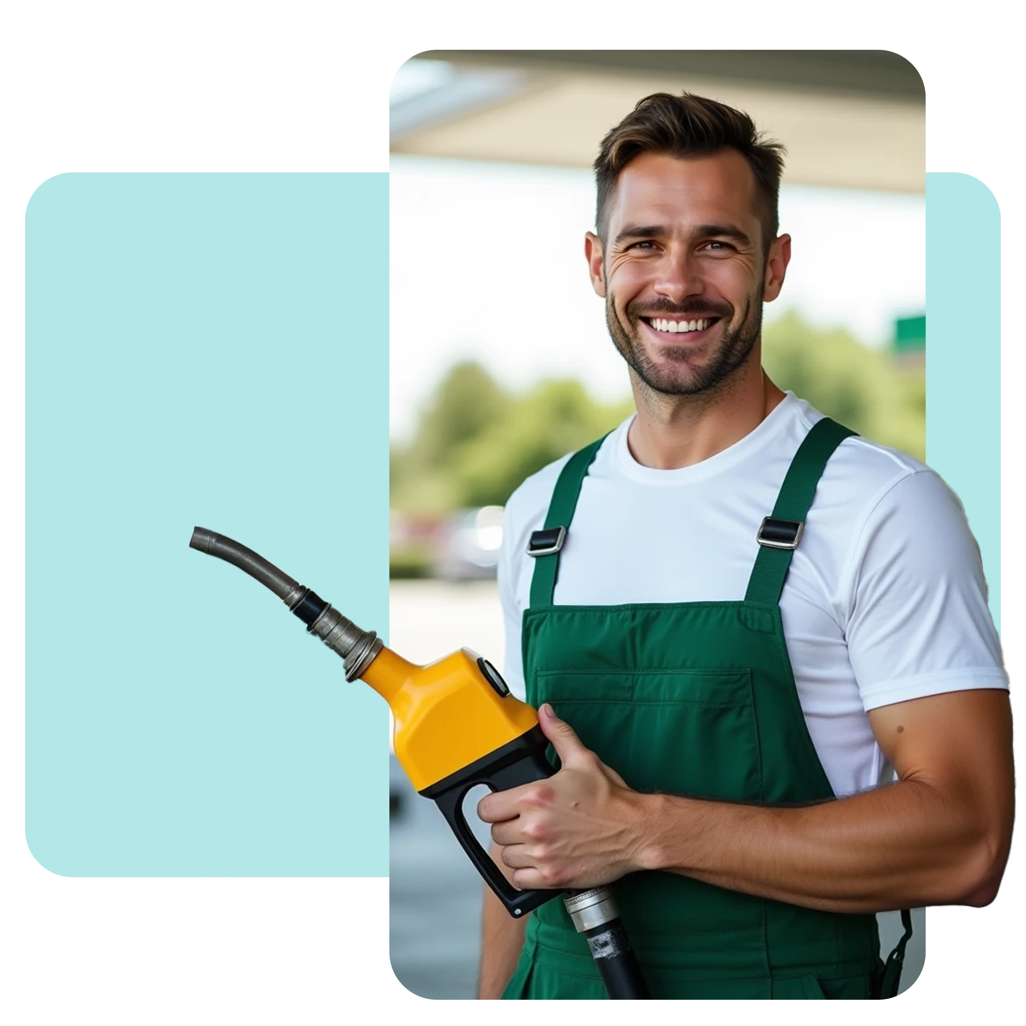Colaborador de estación de servicio (islero) sonriente con uniforme verde y surtidor de combustible, representando la facilidad de uso de Zencillo Revolution en el día a día.
