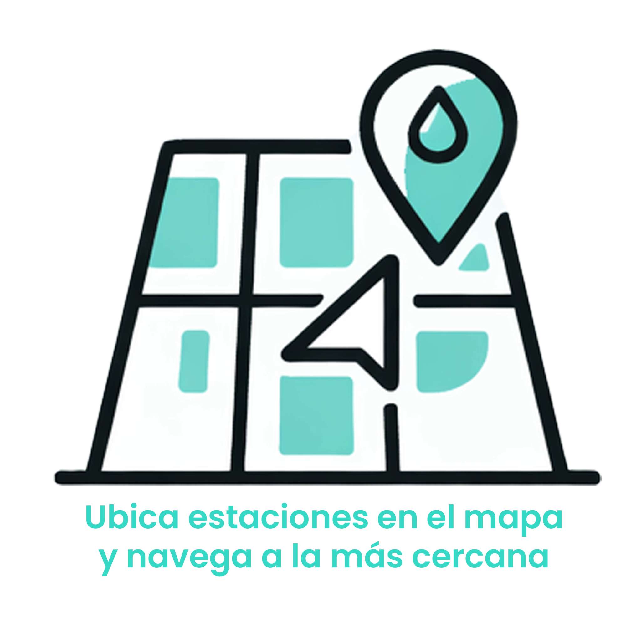 Icono de mapa con pines de ubicación y un surtidor de combustible, representando la función de geolocalización para encontrar la estación más cercana. · 1