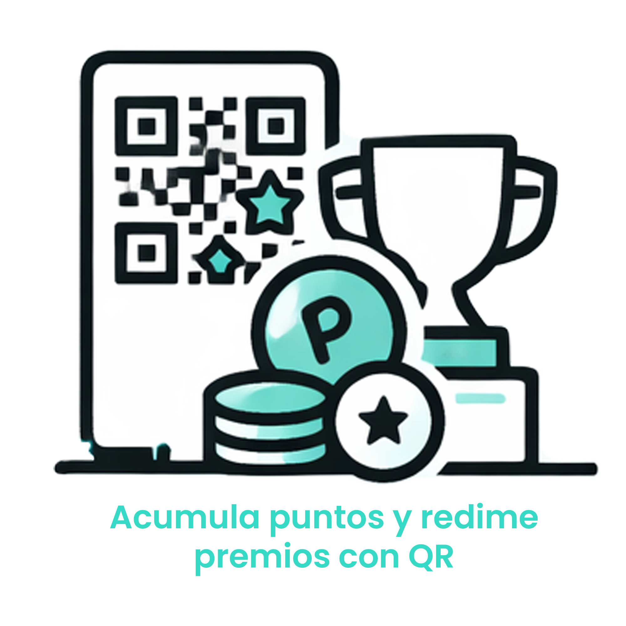 Icono de código QR junto a una moneda de puntos y un trofeo, simbolizando el sistema de lealtad y redención de beneficios digitales. · 2