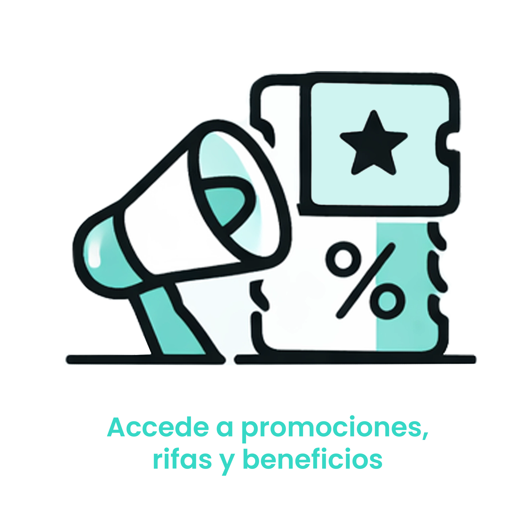 Icono de megáfono con un ticket de porcentaje, representando el acceso a beneficios exclusivos y sorteos desde la aplicación. · 3