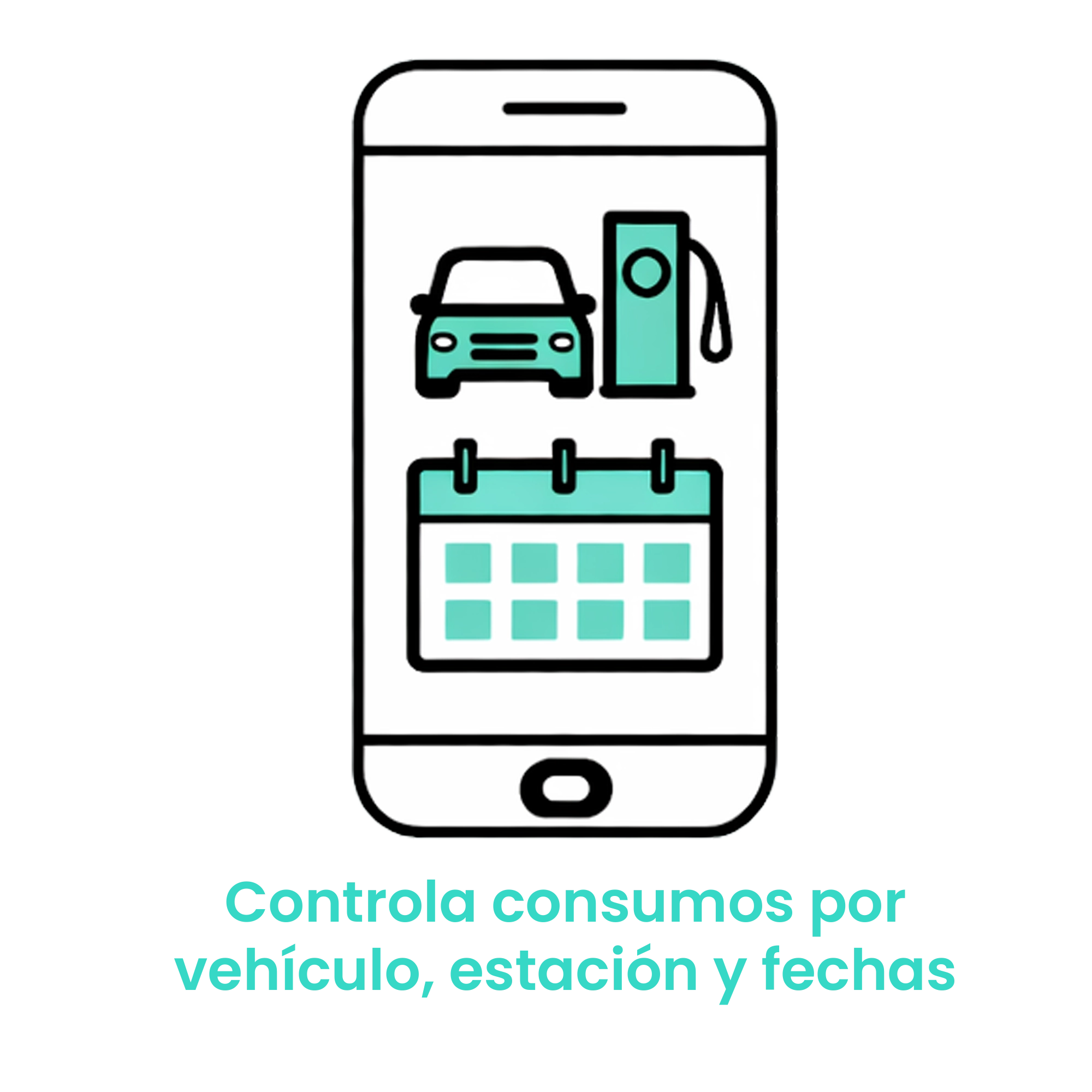 Icono de smartphone con un vehículo, un surtidor y un calendario, simbolizando el monitoreo detallado de transacciones de combustible. · 2