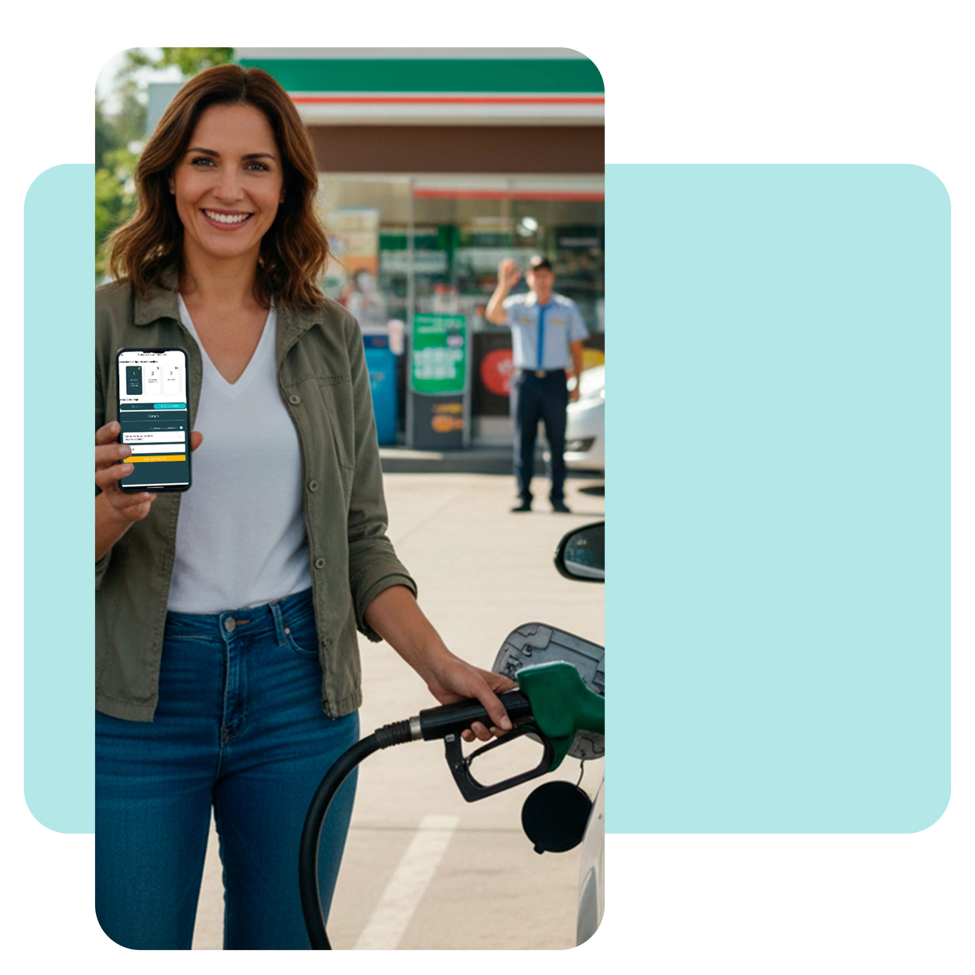Cliente sonriente en una estación de servicio mostrando la app móvil mientras tanquea su vehículo, representando la frecuencia de visita y compra. · 5
