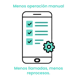 Icono de smartphone con una lista de tareas y un engranaje, simbolizando la automatización de procesos y reducción de llamadas. · 3