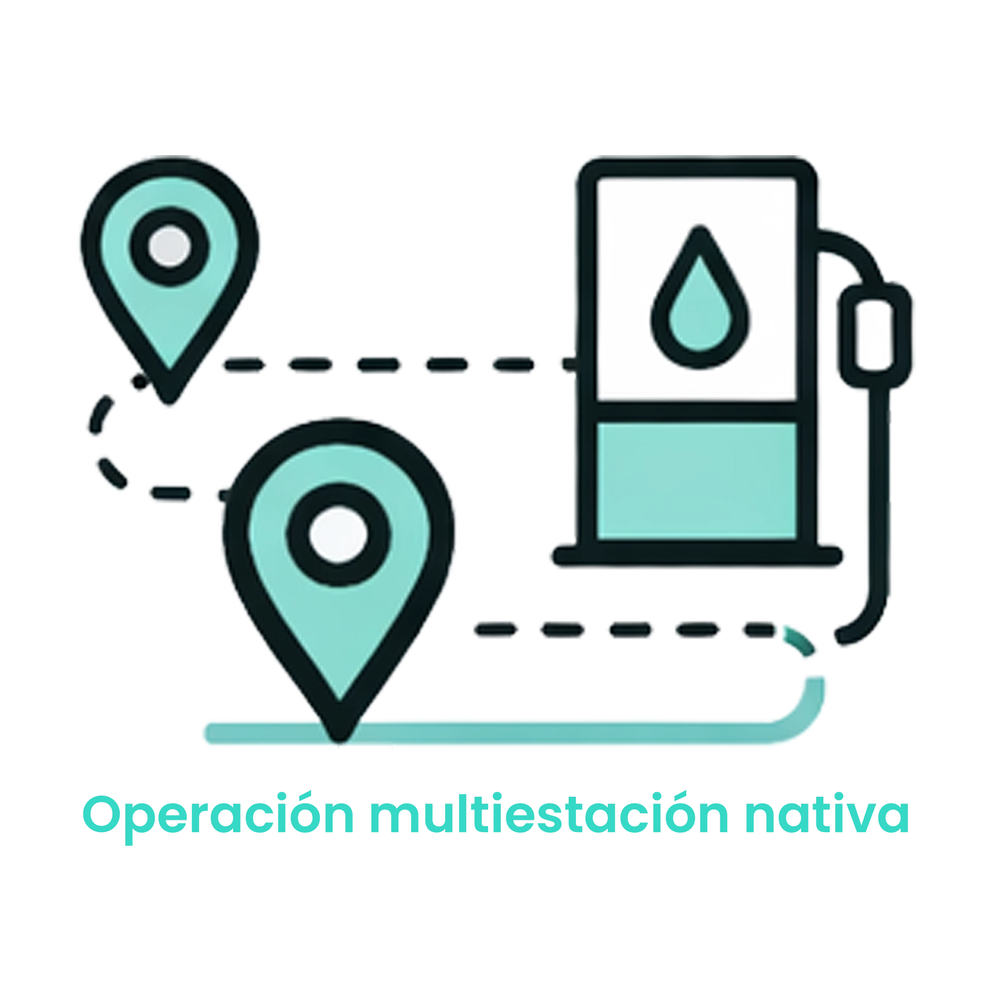 Icono de mapa con una ruta que conecta varios surtidores, representando la gestión unificada de múltiples sedes. · 3