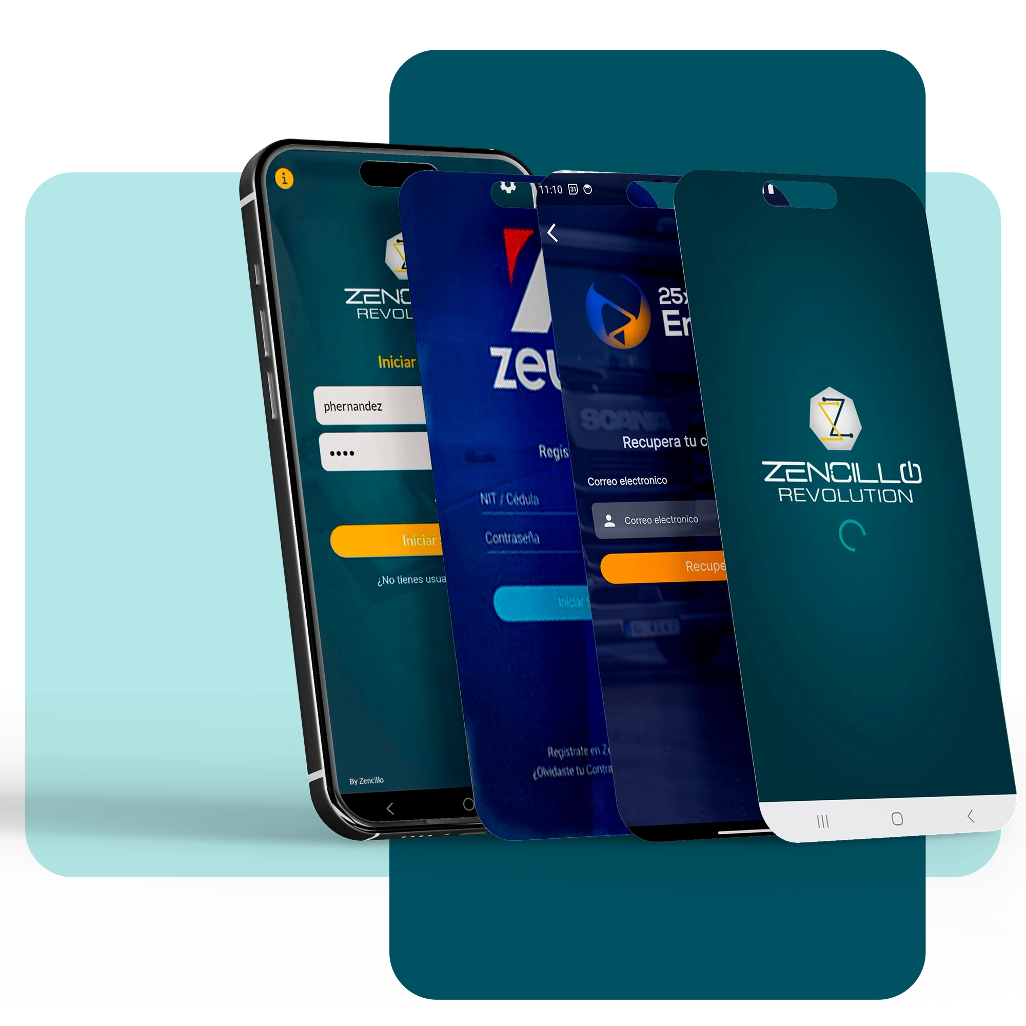 Vista en perspectiva de múltiples smartphones mostrando la personalización de la app con diferentes marcas corporativas, destacando que no es una app genérica sino la app de tu propia compañía.