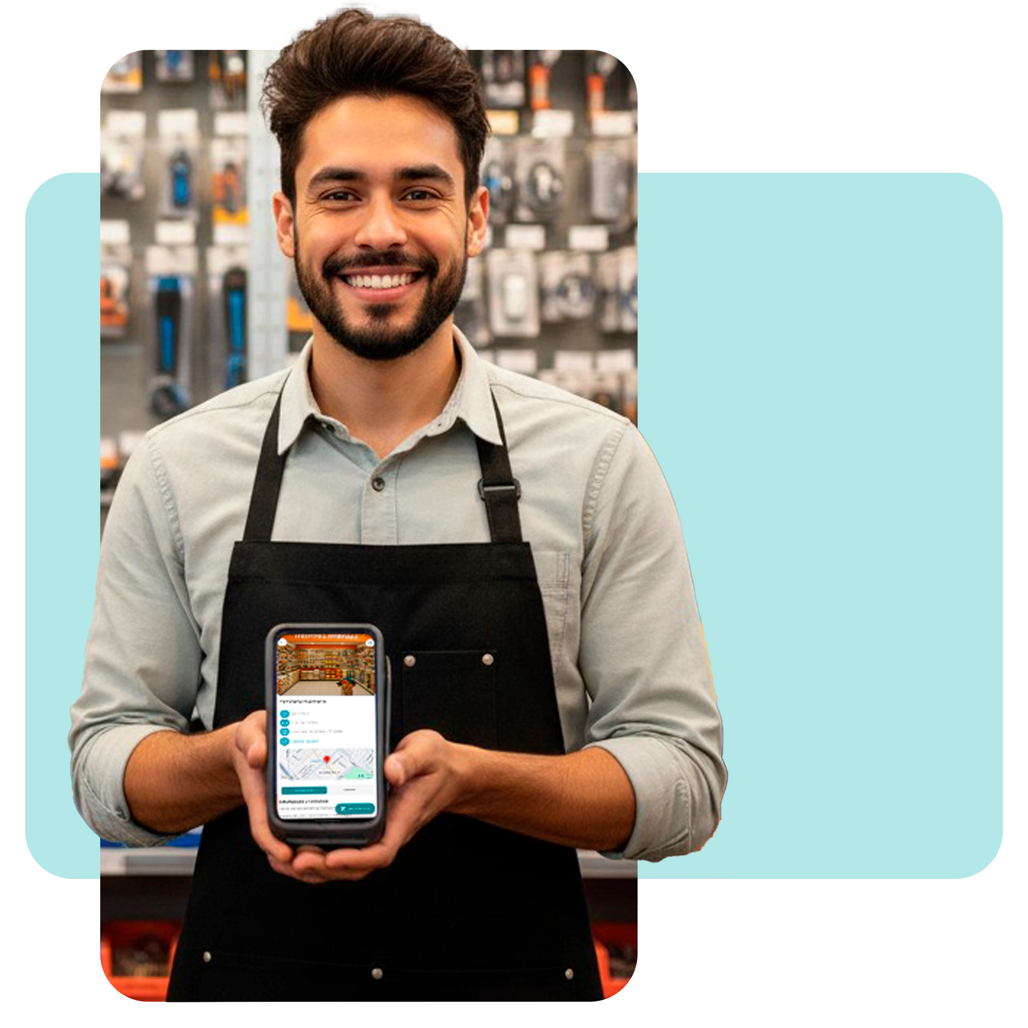 Dueño de ferretería mostrando la interfaz de la app móvil para clientes donde pueden ver catálogo y precios.