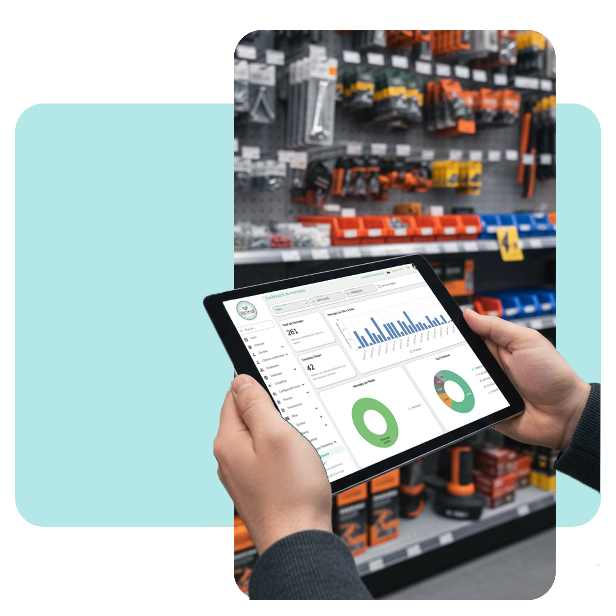 Persona usando una tablet para gestionar el inventario real y reportes de ventas en una ferretería. · 1