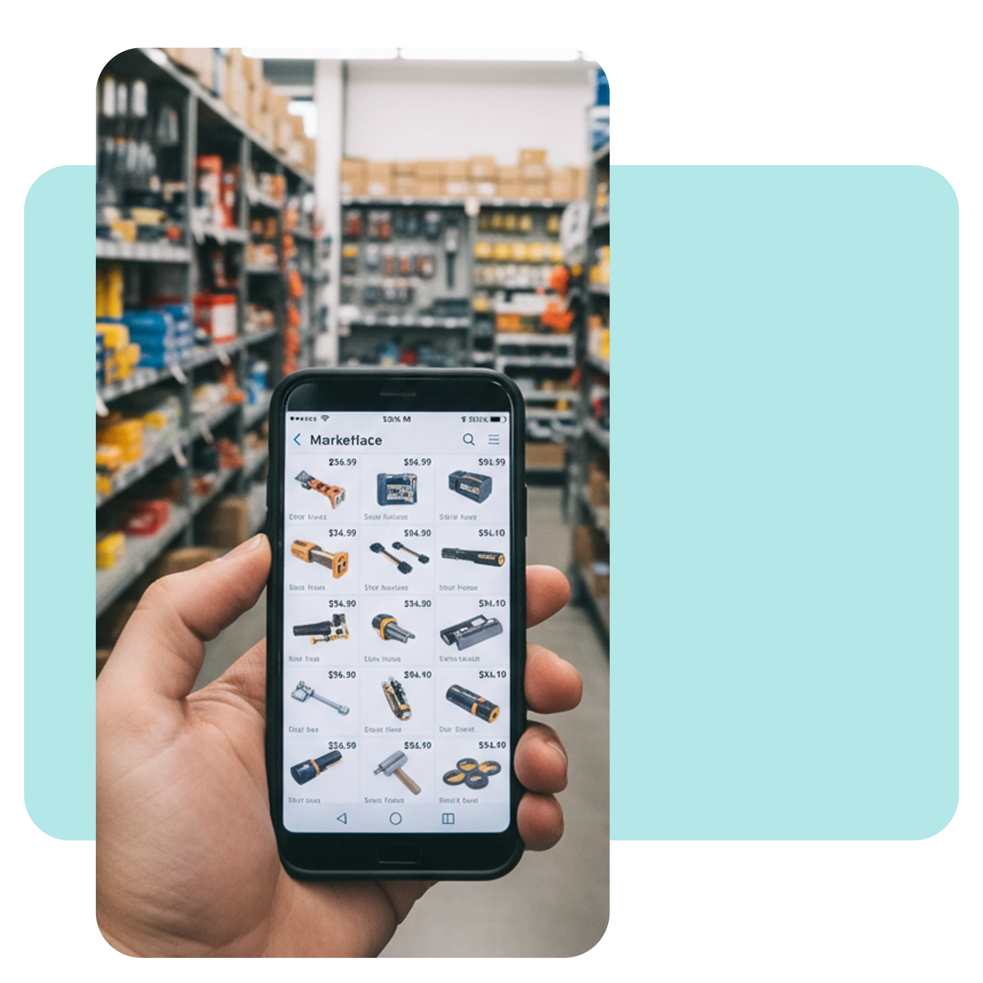 Mano sosteniendo un celular con una aplicación de marketplace genérica donde los productos de ferretería compiten por precio. · 7
