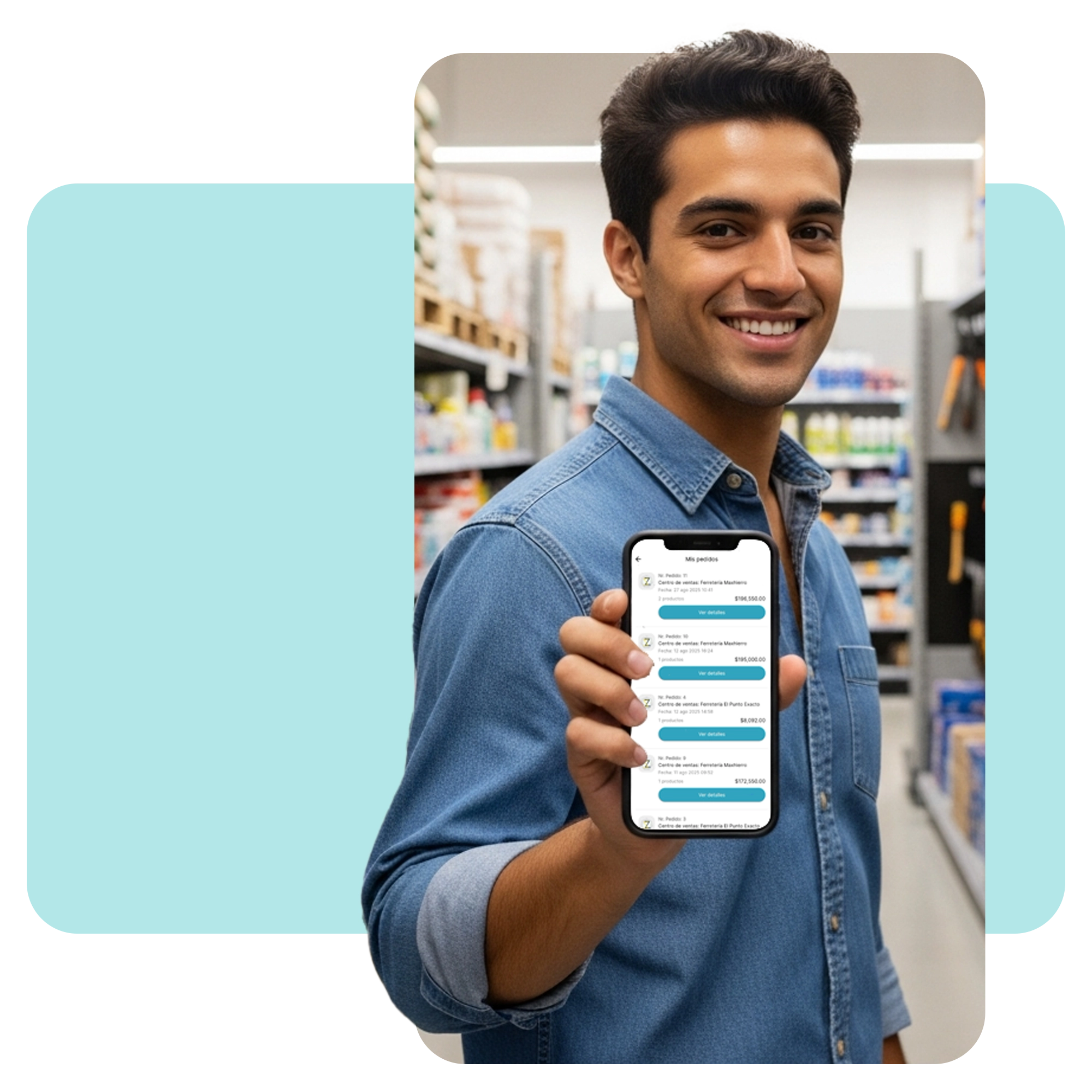 Hombre en bodega ferretera usando la app para repetir un pedido anterior con un solo clic desde el historial de compras. · 1