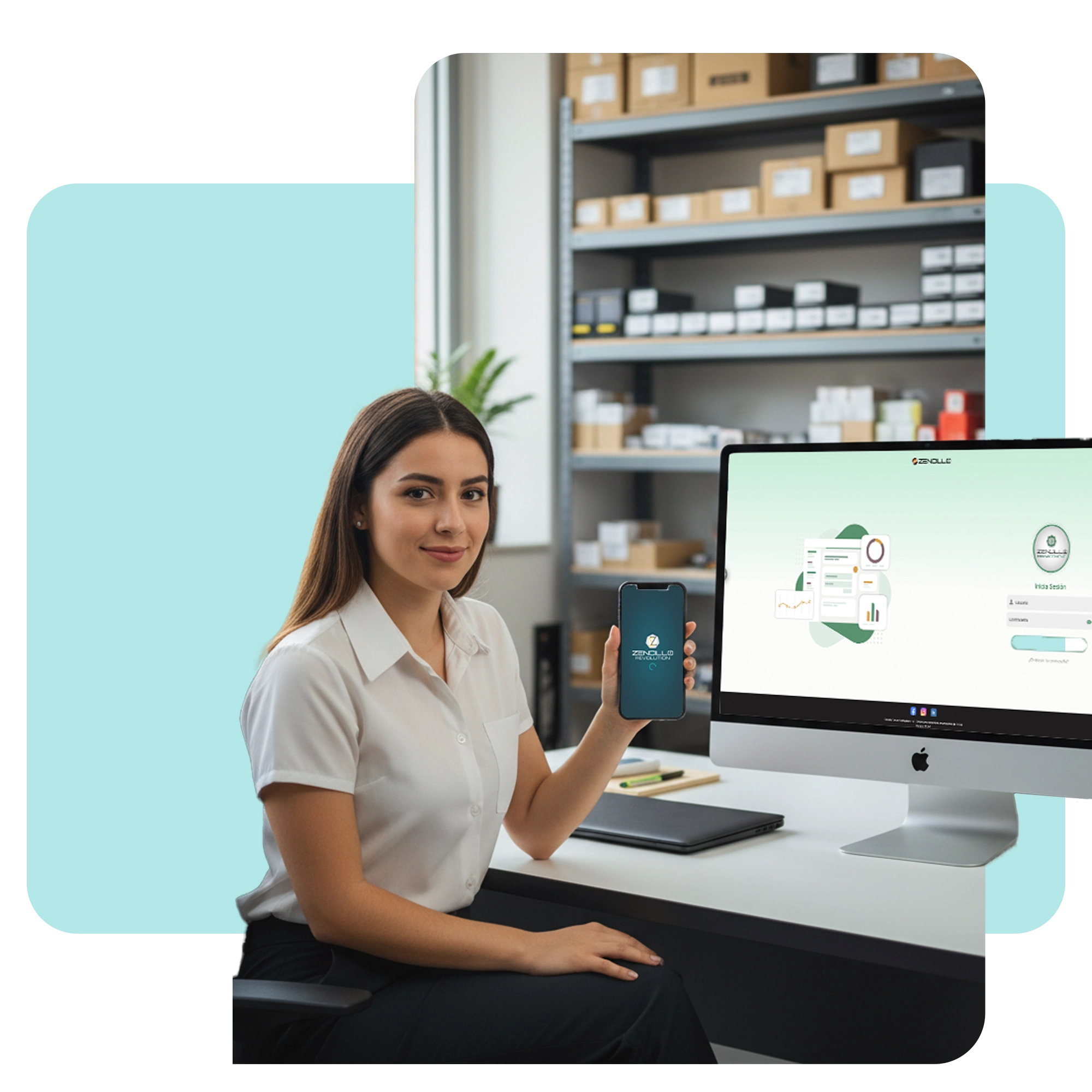 Mujer en oficina administrativa de ferretería utilizando un ordenador y smartphone para supervisar el kardex y dashboards de ventas en tiempo real.