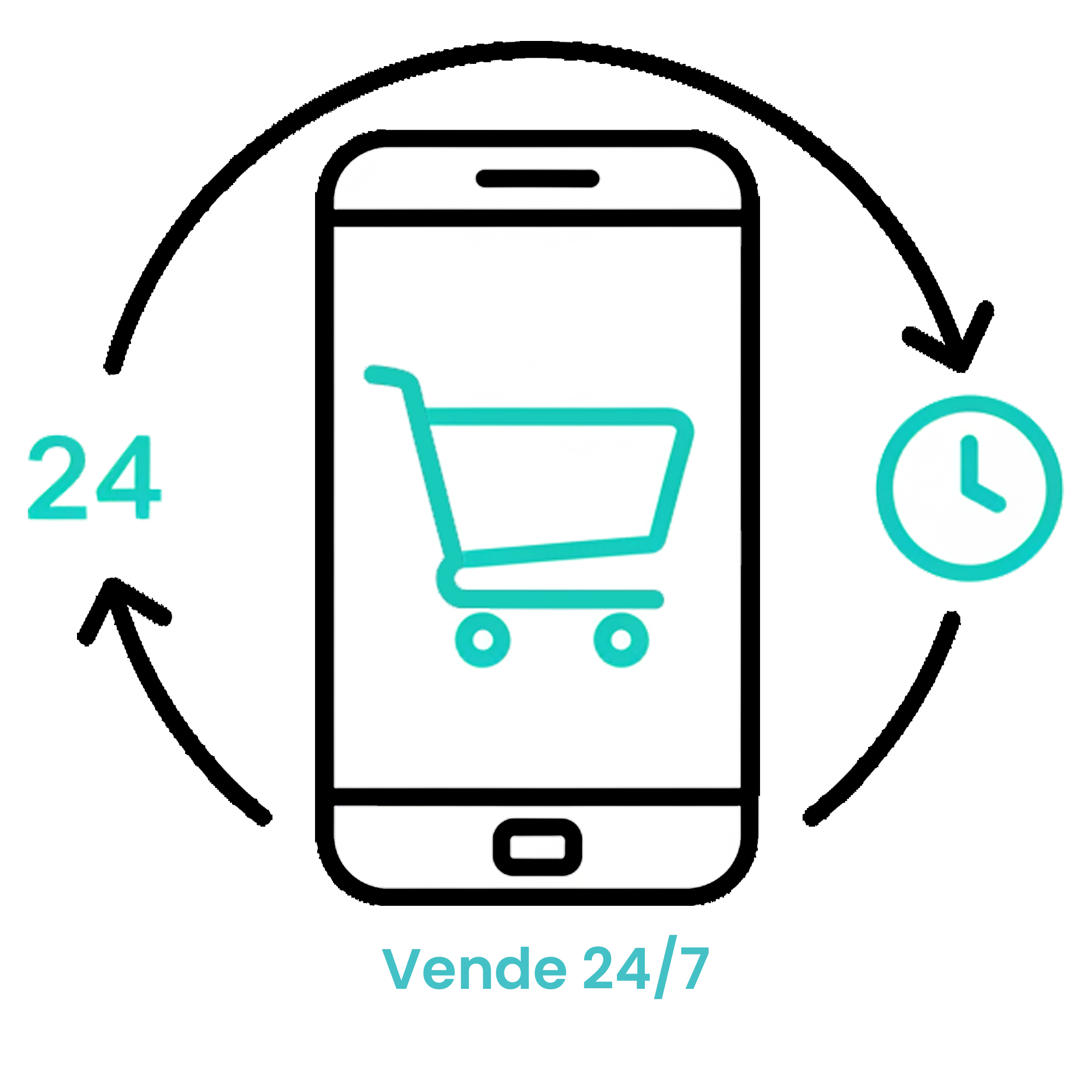 Icono de smartphone con un carrito de compras y un reloj circular que indica ventas automáticas las 24 horas del día. · 1