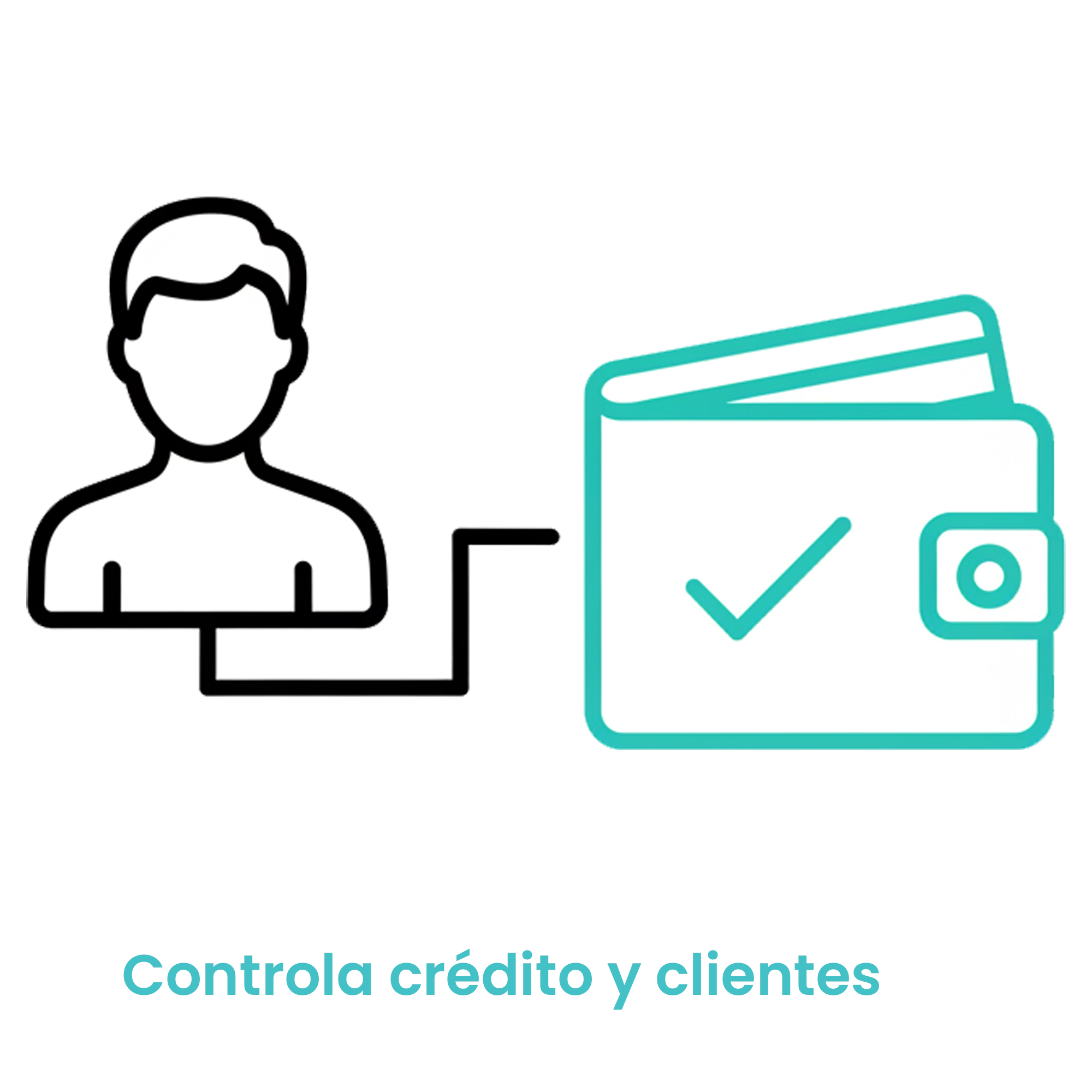 Icono de un perfil de usuario conectado a una billetera con un check de verificación, representando el control de crédito seguro. · 2