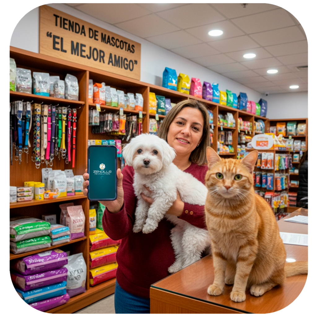 Dueña de una tienda de mascotas sonriente sosteniendo un perro blanco y mostrando la aplicación móvil de Zencillo Revolution para Pet Shops, con un gato naranja en primer plano.