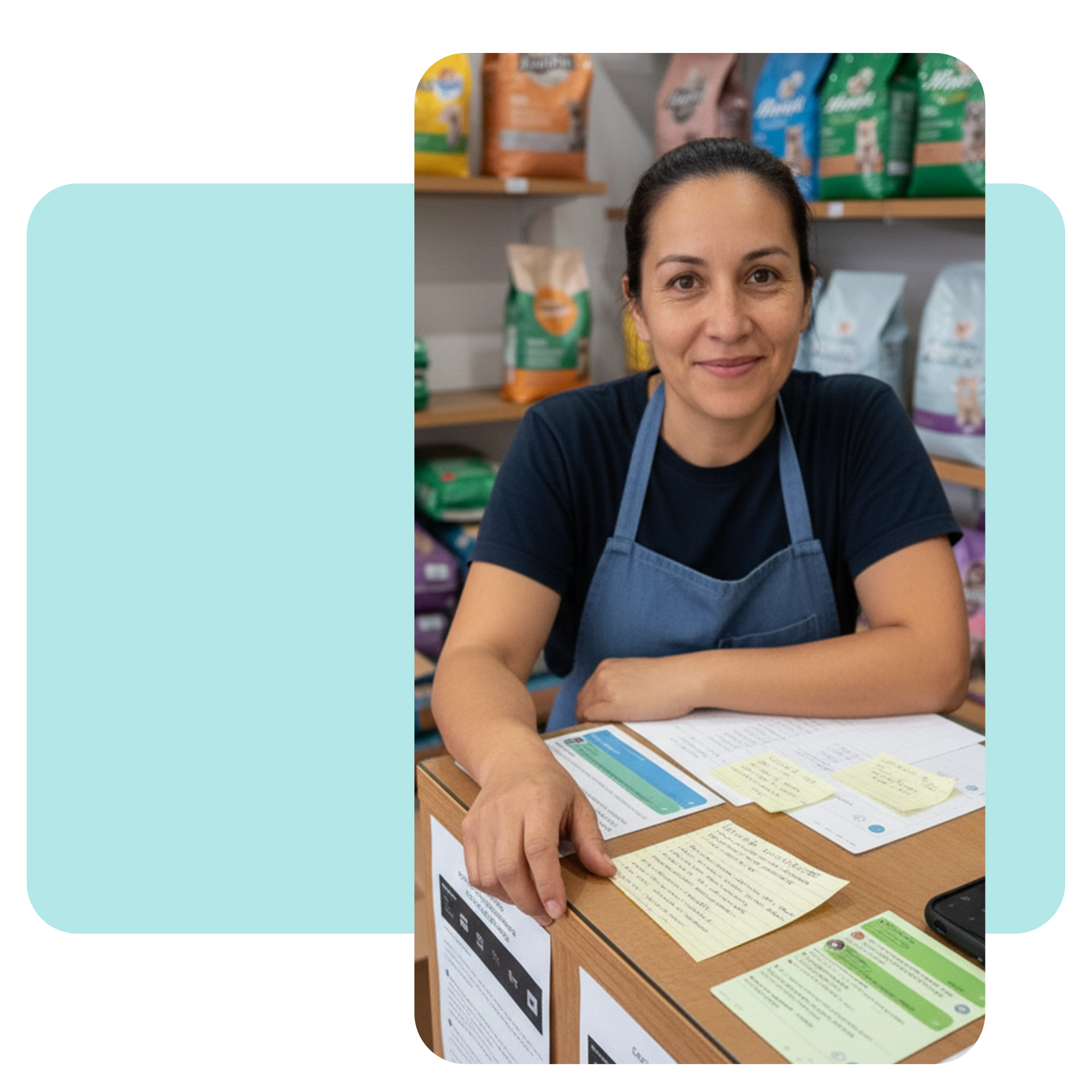 Administradora de tienda de mascotas revisando pedidos en notas de papel, representando el desorden y errores por falta de un sistema digital.