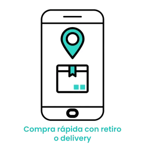 Icono de smartphone con un paquete y un pin de ubicación, representando las opciones de entrega a domicilio y recogida en tienda para dueños de mascotas. · 3