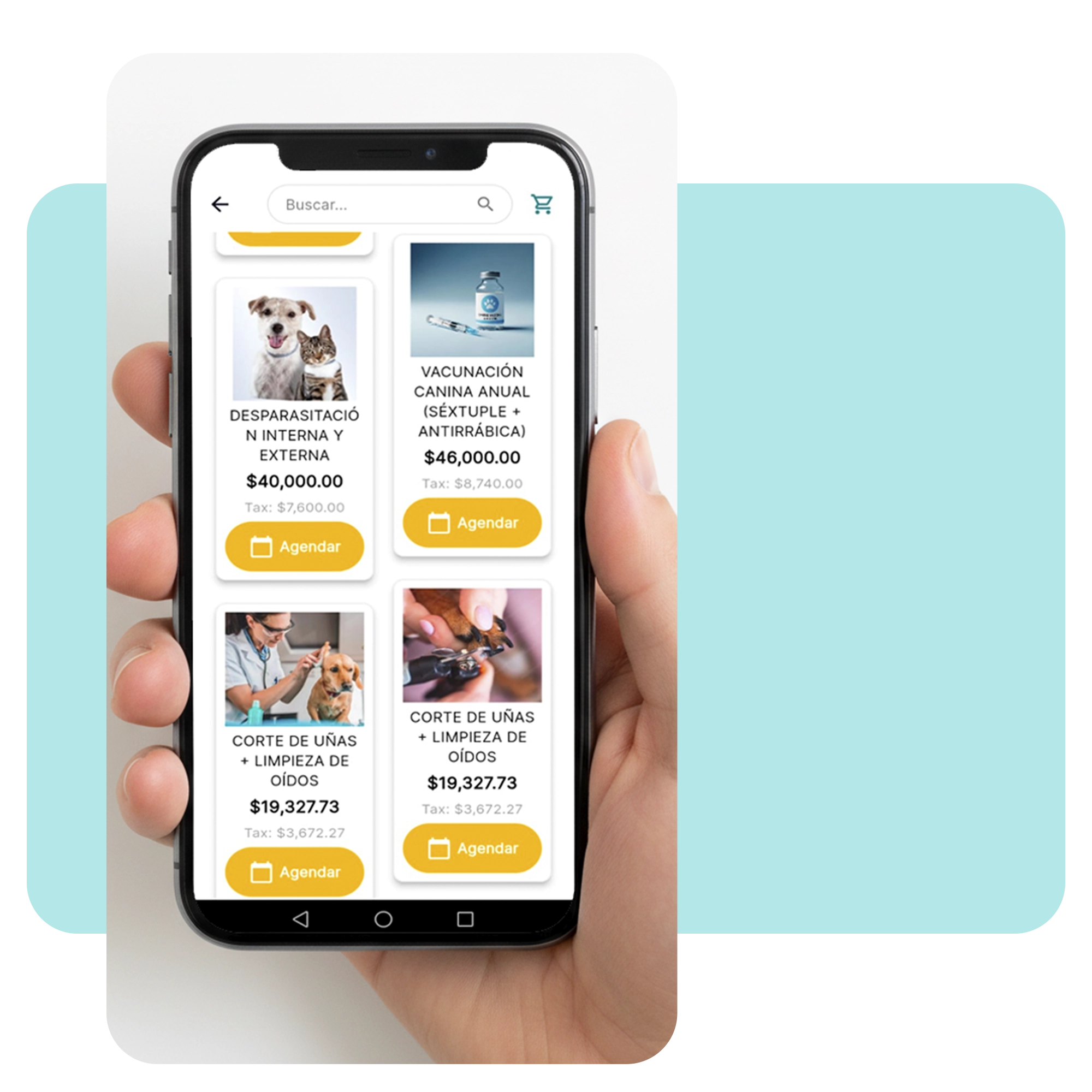 Mano sosteniendo un smartphone que muestra la app personalizada de Zencillo Revolution para Pet Shops con servicios de desparasitación, vacunación canina y corte de uñas. · 6