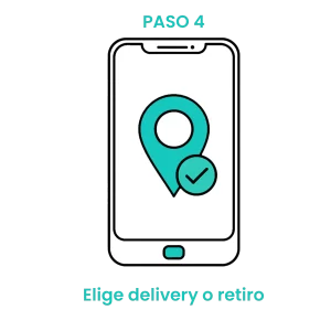 Icono de smartphone con un pin de ubicación y marca de verificación para seleccionar entrega a domicilio o recogida en tienda. · 4