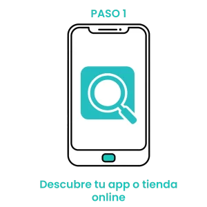 Icono de smartphone con una lupa buscando aplicaciones de pet shop y tiendas de mascotas online. · 1