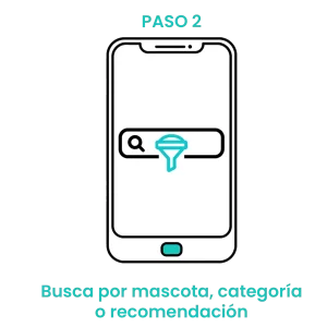 Icono de smartphone con barra de búsqueda y filtros para segmentar productos por tipo de mascota y categorías de alimento. · 2