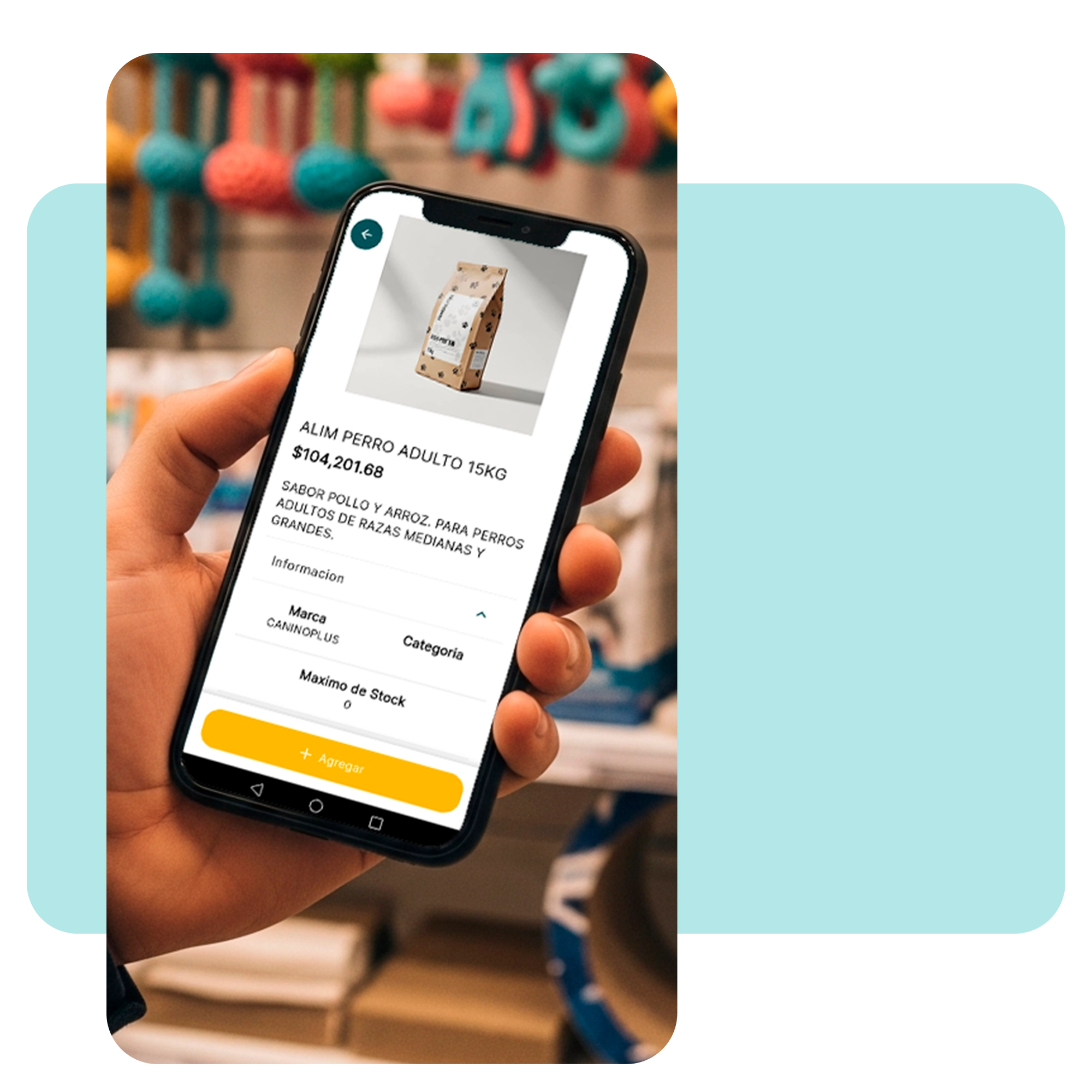 Vista detallada de un producto de alimento para perro en la app de Pet Shop, mostrando variantes de peso, precio y descripción técnica completa. · 7