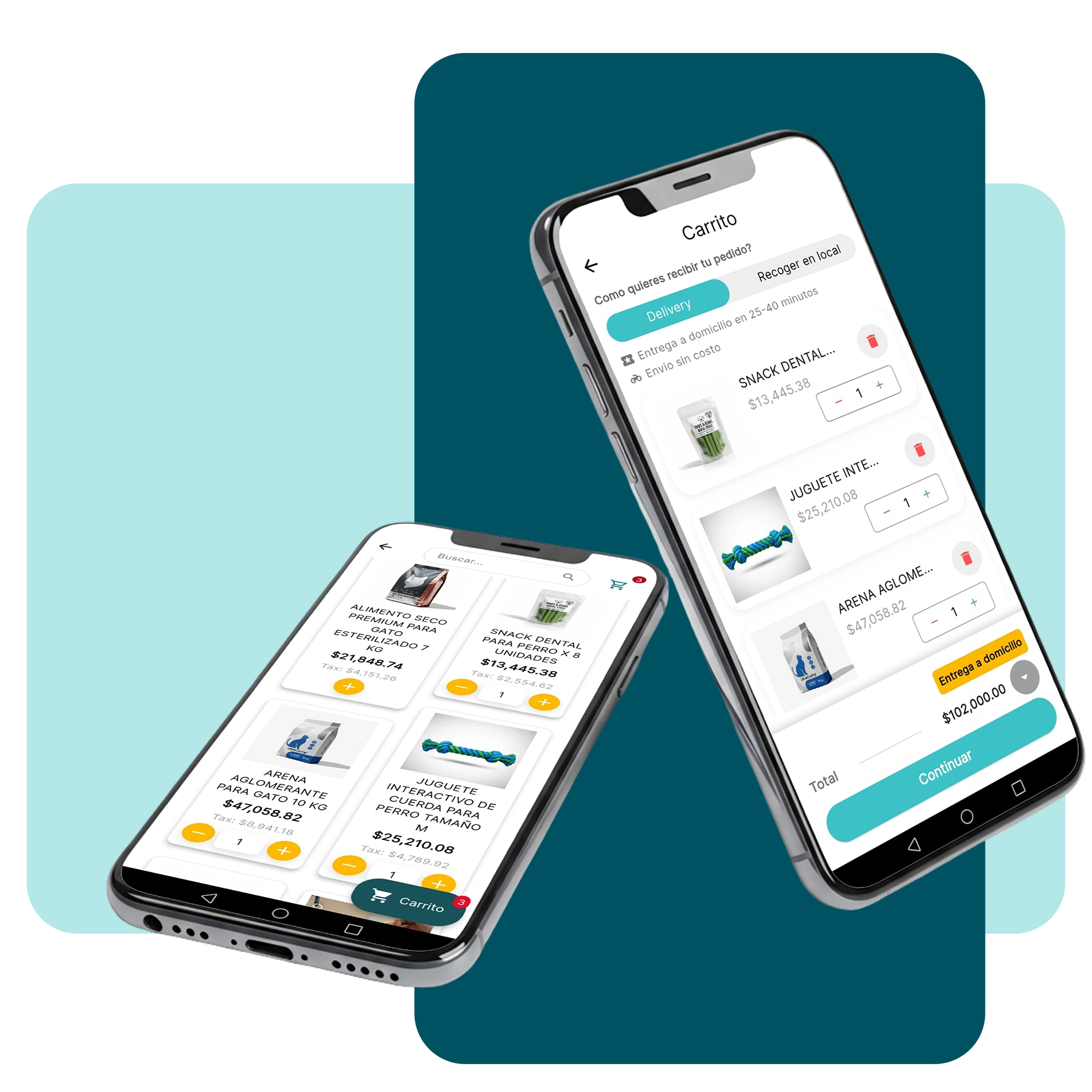 Dos smartphones mostrando el proceso de carrito de compras con opciones de delivery georreferenciado y retiro en local para productos de mascotas.