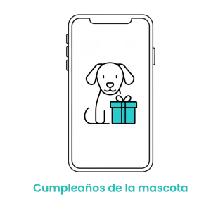 Icono de perro con una caja de regalo, indicando notificaciones automáticas y regalos por el cumpleaños de la mascota. · 4