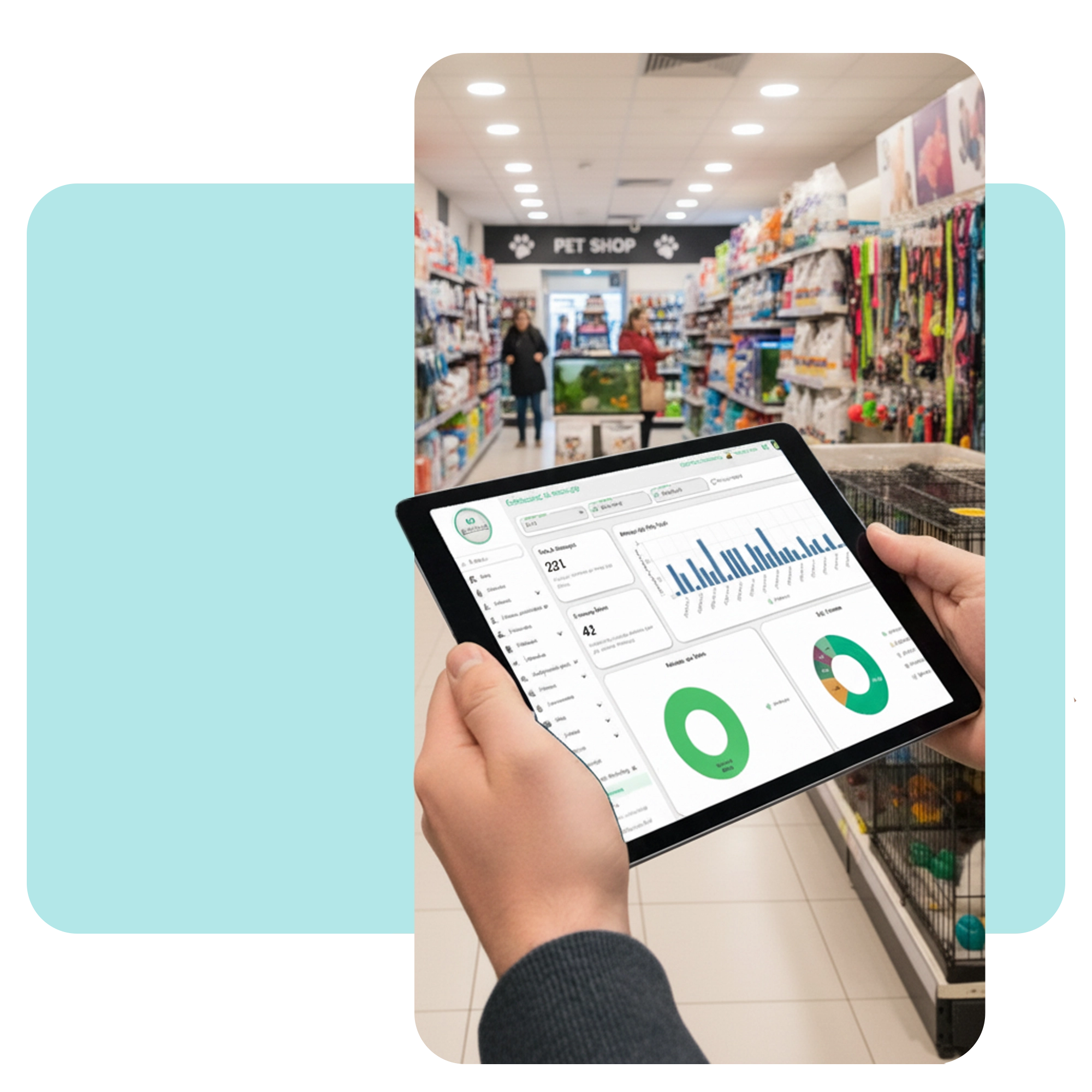 Persona operando una tablet que muestra el dashboard de métricas de Zencillo Revolution con datos de recompra y efectividad de campañas en una tienda de mascotas. · 1