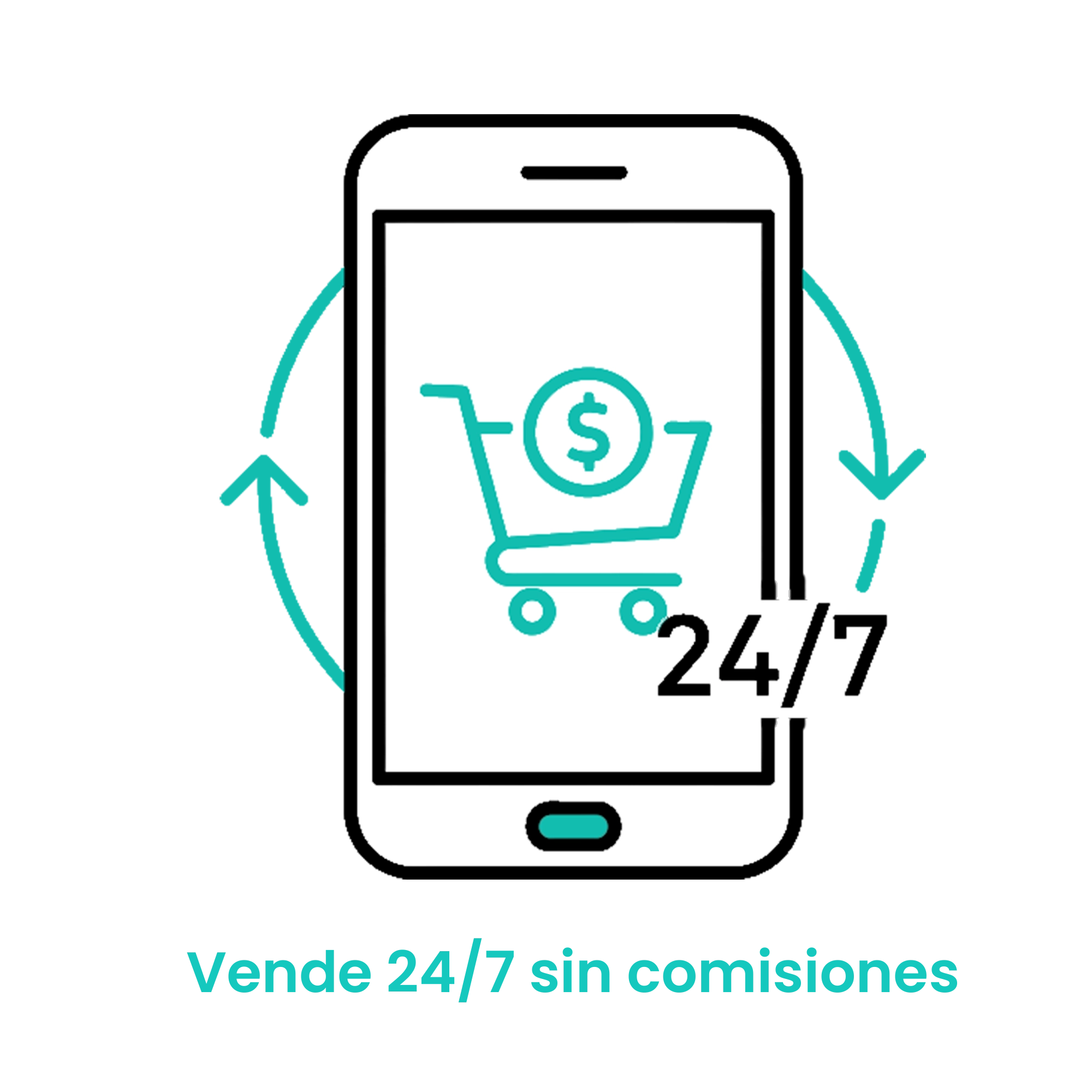 Icono de smartphone con carrito de compras y símbolo de dólar en ciclo de 24 horas, representando ventas continuas sin intermediarios. · 1