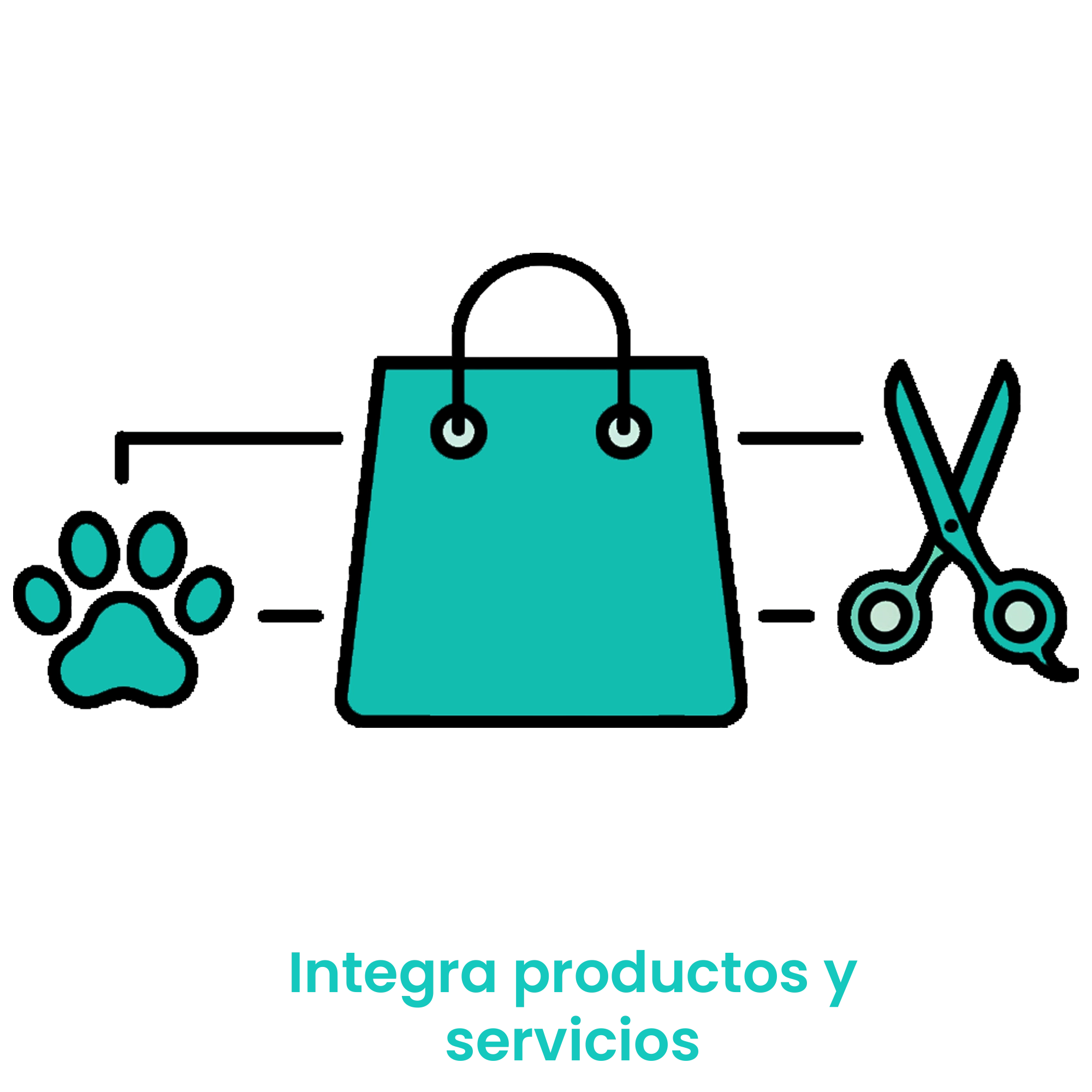 Icono que conecta una huella de mascota, una bolsa de compras y unas tijeras, representando la unión de tienda y grooming. · 3