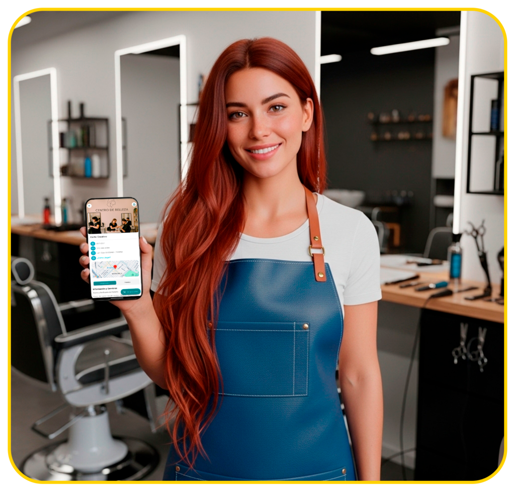 Estilista sonriente en una peluquería moderna mostrando la aplicación móvil de gestión para salones de belleza Revolution.