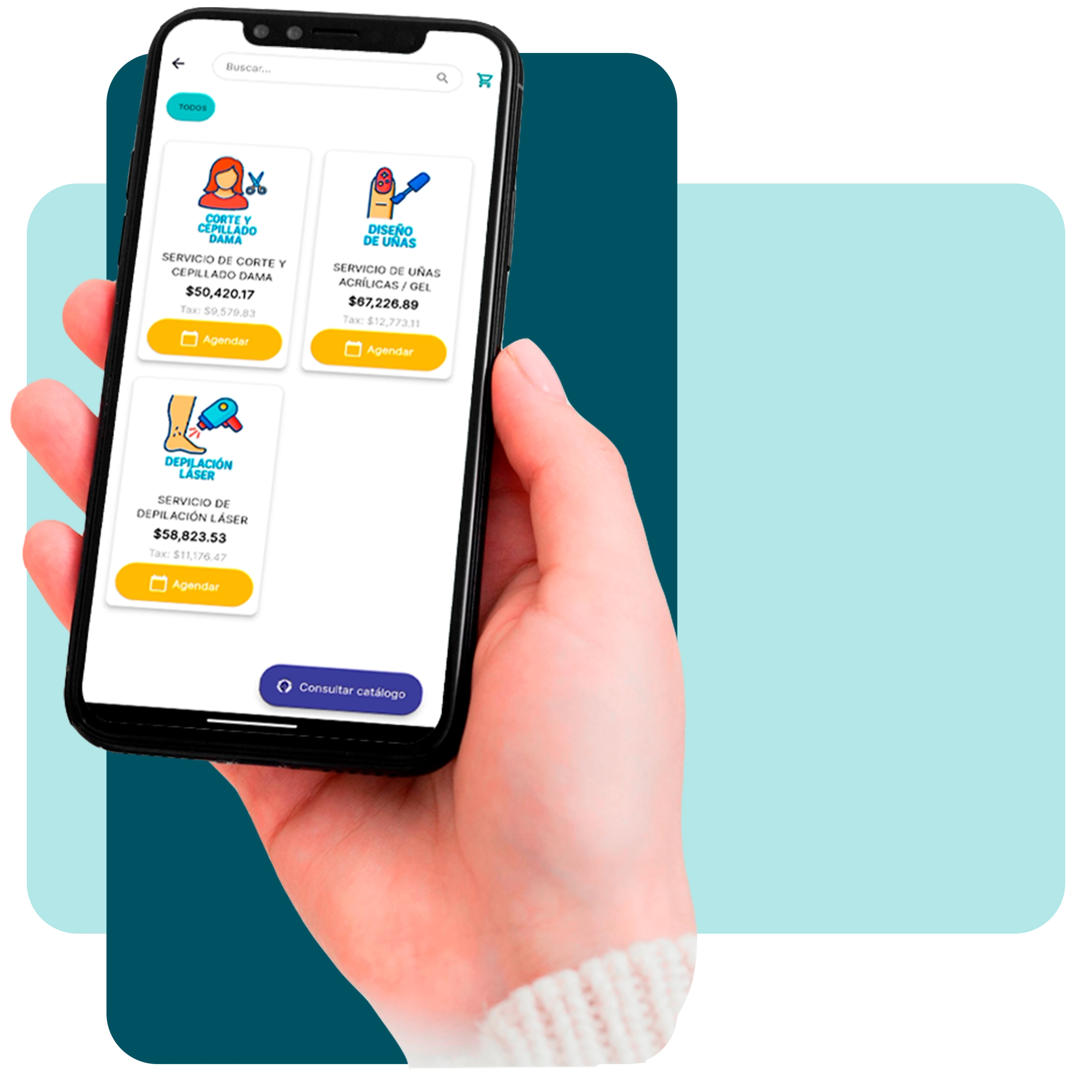 Vista cercana de una mano sosteniendo un smartphone que muestra la app personalizada de Zencillo Revolution con servicios de corte, uñas y depilación láser. · 7