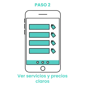 Icono de pantalla de móvil con etiquetas de precio, representando un catálogo digital de servicios de peluquería y estética. · 2