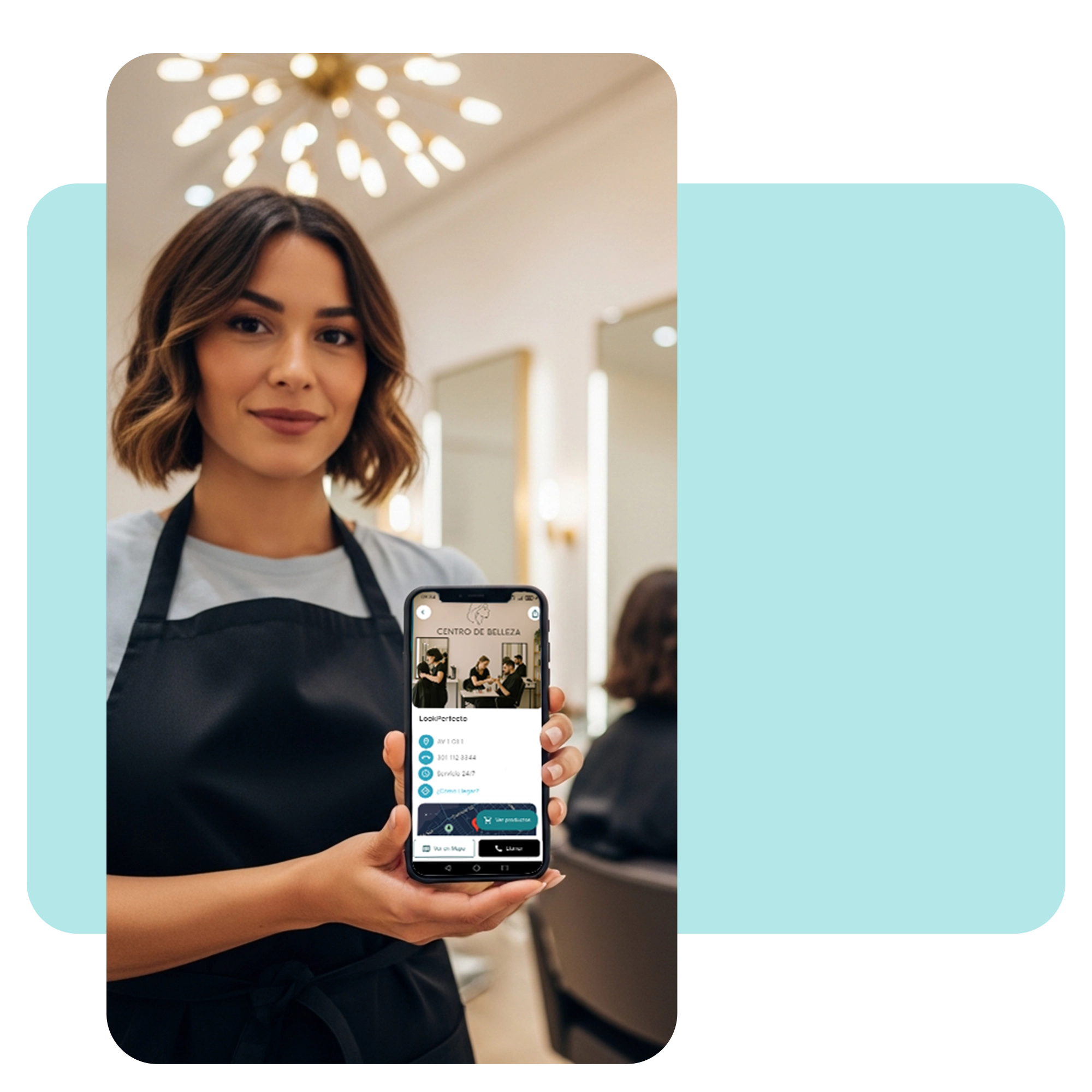 Profesional de estética sosteniendo un smartphone que muestra el sistema de selección de especialistas y horarios de Zencillo Revolution. · 7
