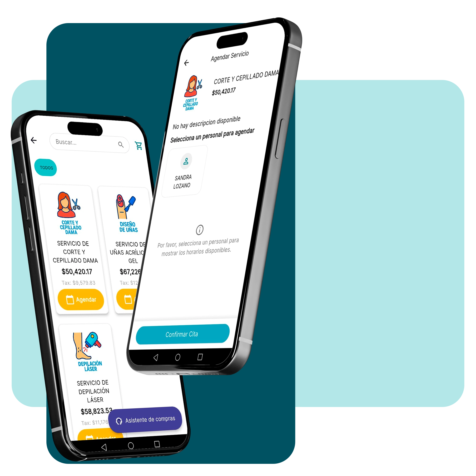 Interfaz de la app móvil mostrando la venta cruzada de servicios de peluquería con productos como shampoo y tratamientos. · 2