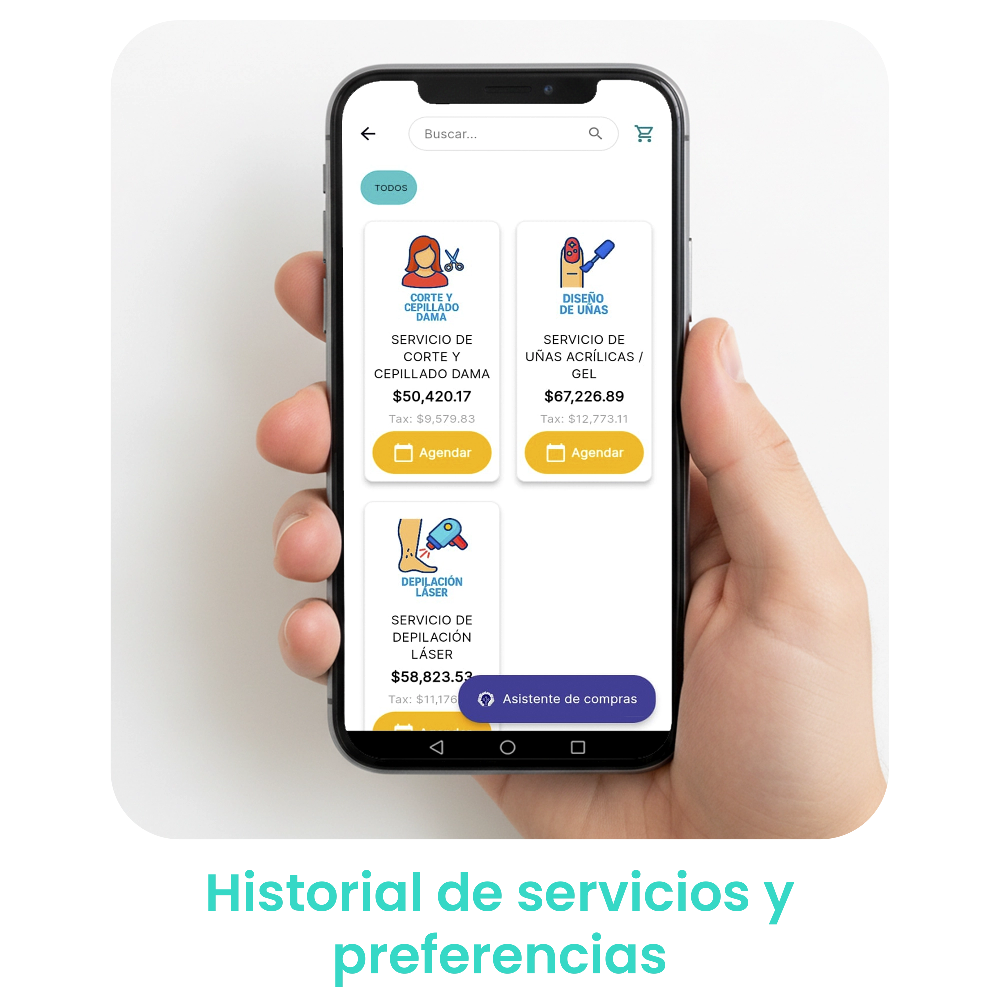 Mano sosteniendo un smartphone que muestra el catálogo de servicios realizados y las preferencias guardadas del cliente. · 4