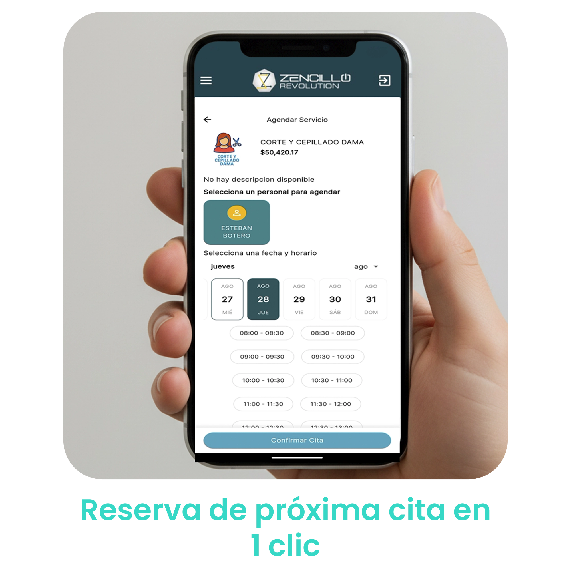 Pantalla de confirmación de cita en la app, facilitando al cliente reservar su próxima visita de forma instantánea. · 5