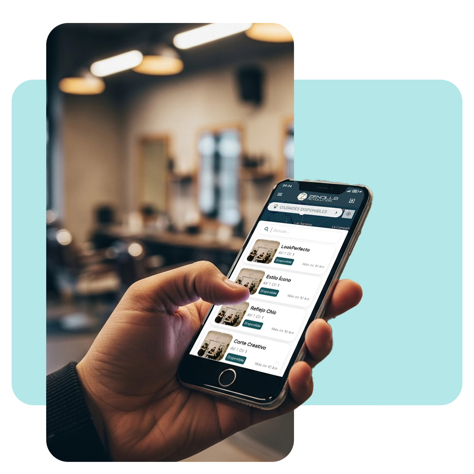 Mano de un administrador utilizando un smartphone para gestionar múltiples sedes de un salón de belleza con dashboards en tiempo real. · 6