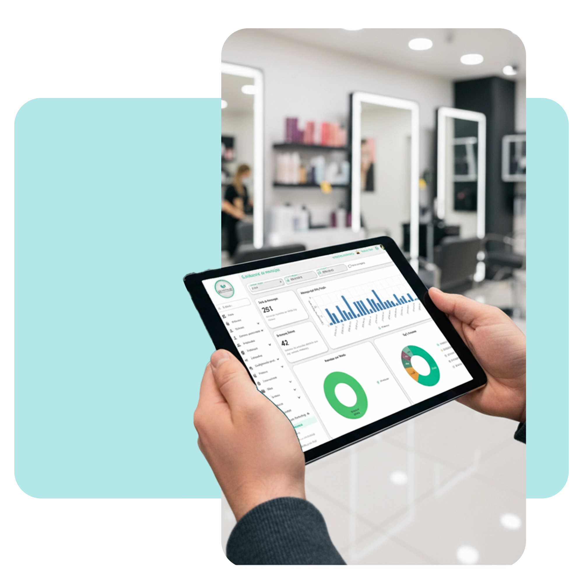 Persona sosteniendo una tablet que muestra el dashboard de analítica de Zencillo Revolution con gráficas de ocupación y ventas. · 1
