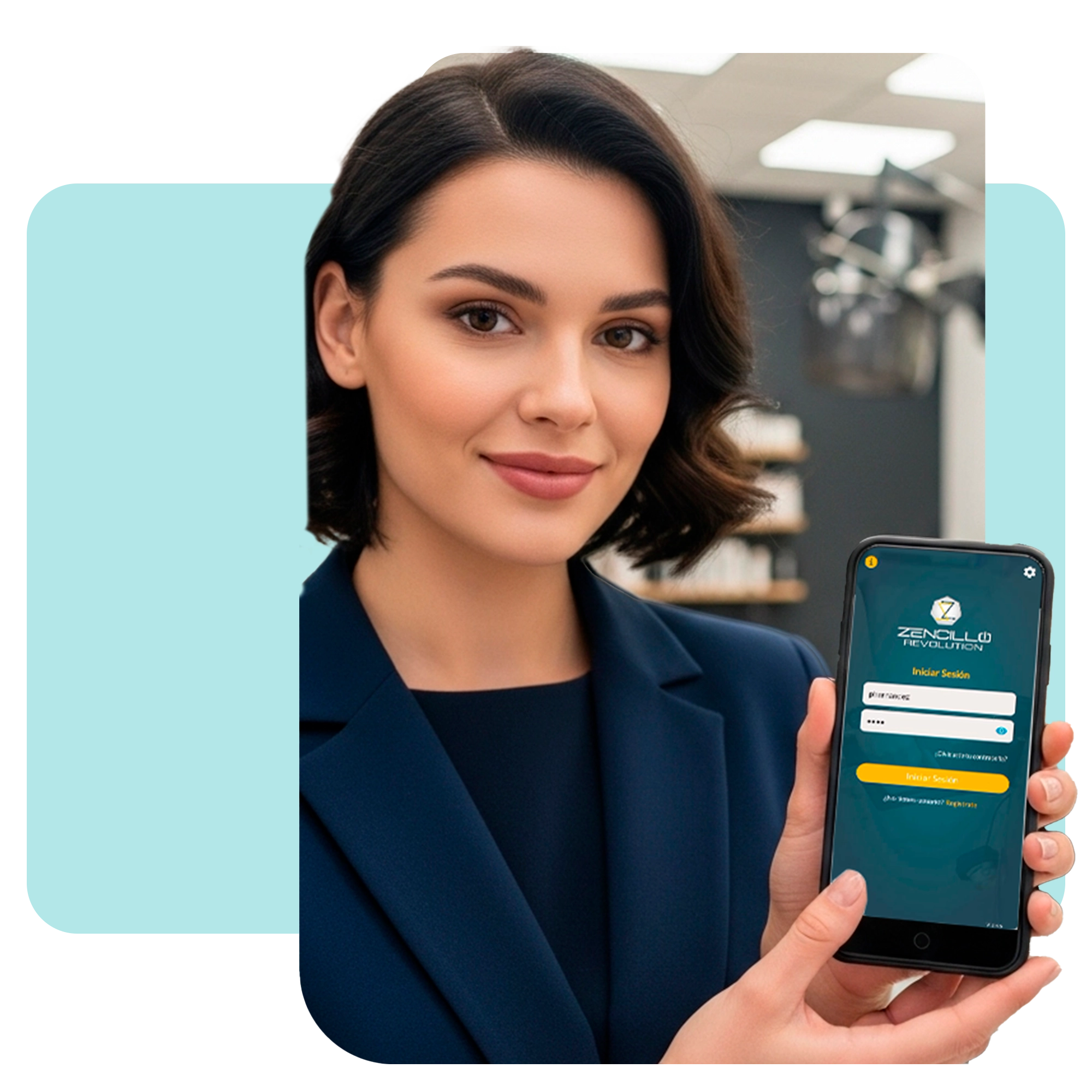 Mujer profesional de negocios sosteniendo un celular con la pantalla de inicio de sesión de la app para salones.
